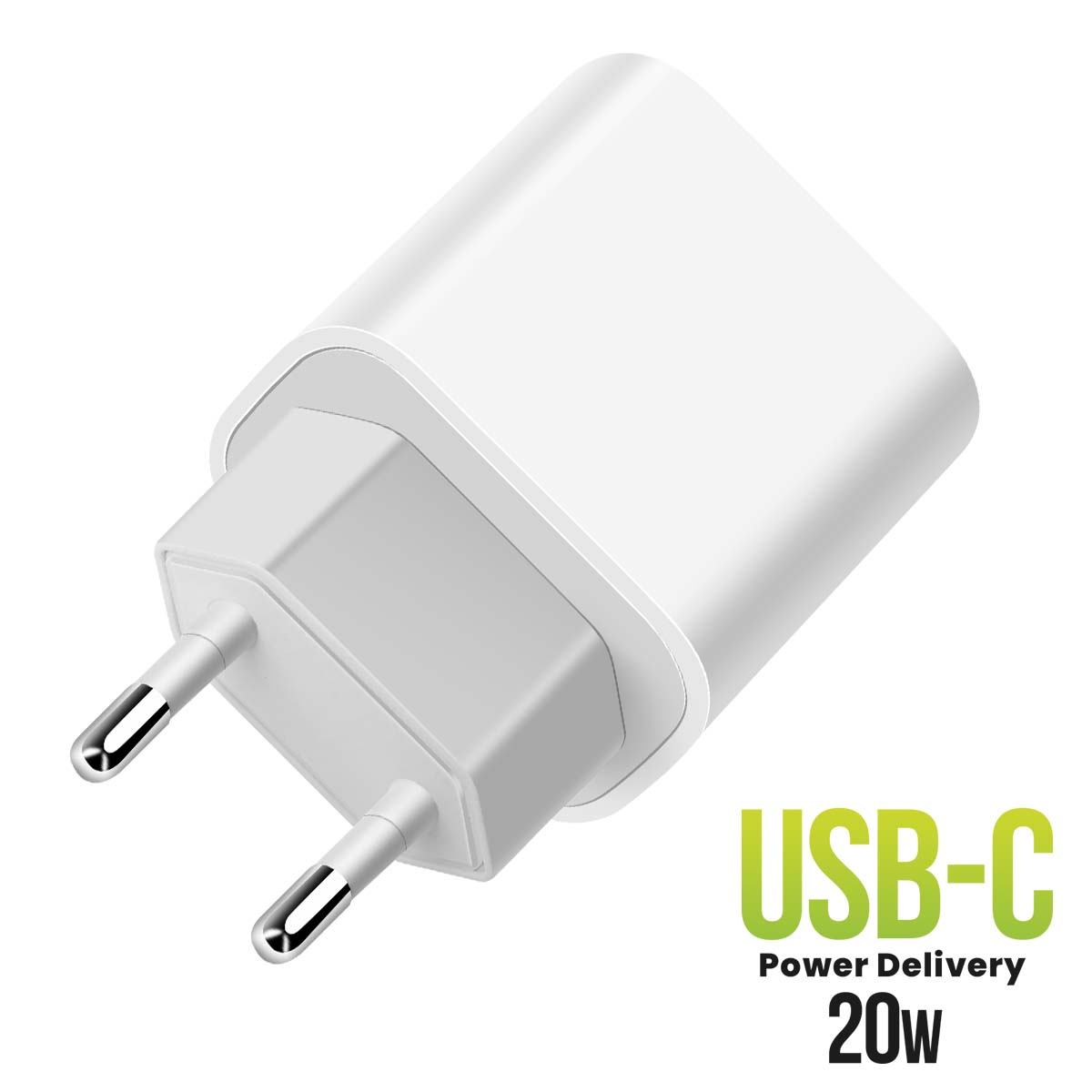Un adattatore di alimentazione USB-C bianco. Il testo recita 'USB-C Power Delivery 20W'.