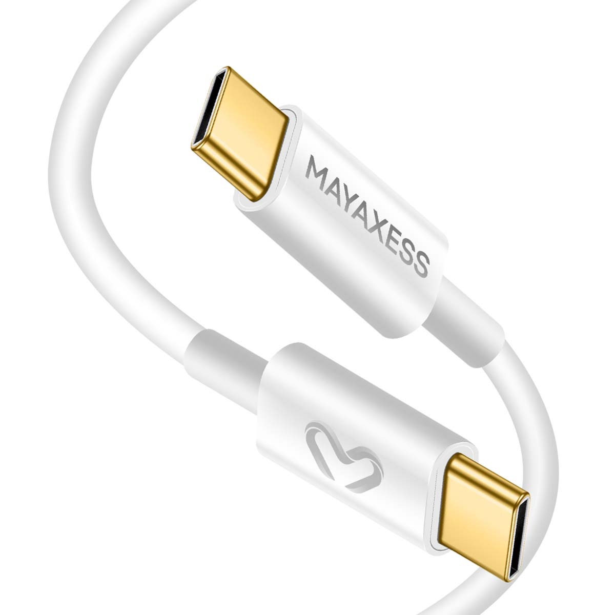 Un câble USB-C blanc avec des connecteurs dorés. La marque 'MAYAXESS' est imprimée sur le câble. Le câble a un logo en forme de cœur.