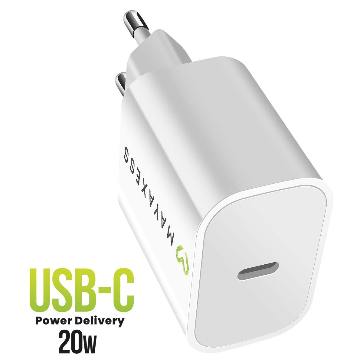 Un adattatore di alimentazione USB-C bianco. L'adattatore ha una spina, una porta USB-C e il testo USB-C Power Delivery 20W in verde e nero.