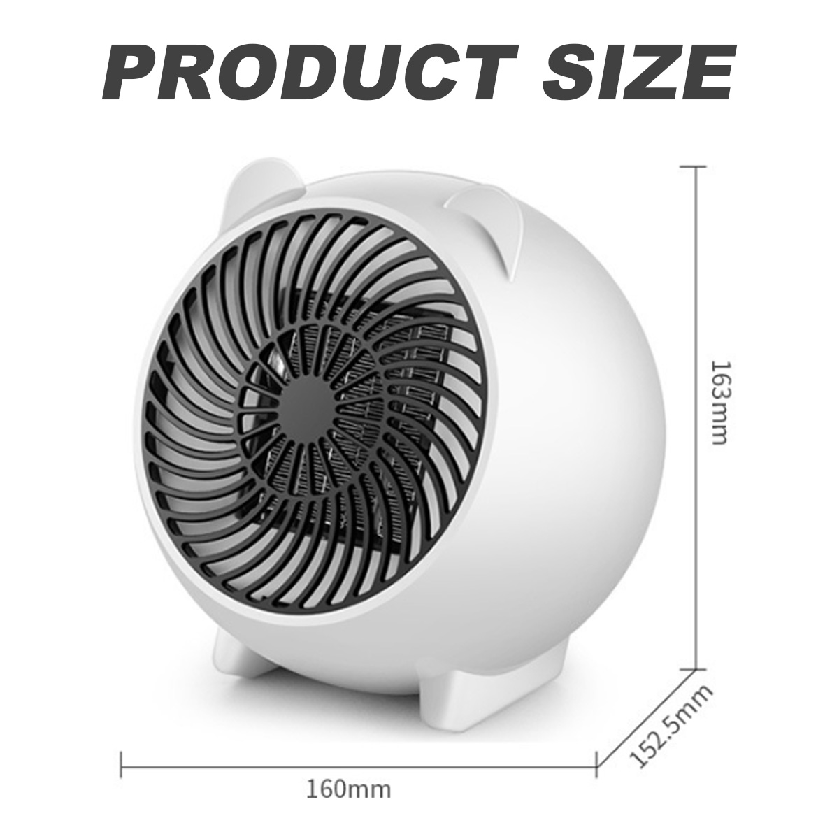 Ein weißer, runder Elektroheizer mit schwarzem Grill, ohrartigen Merkmalen und Größenangaben in mm. Text 'PRODUCT SIZE' steht oben.
