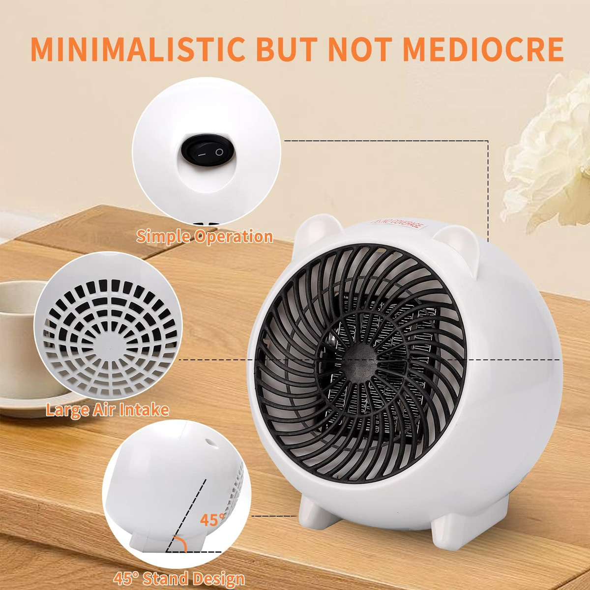 Ein weißer Elektroheizer mit schwarzem Ventilator. Das Bild zeigt Merkmale: einfache Bedienung, großer Lufteinlass und 45-Grad-Ständer.