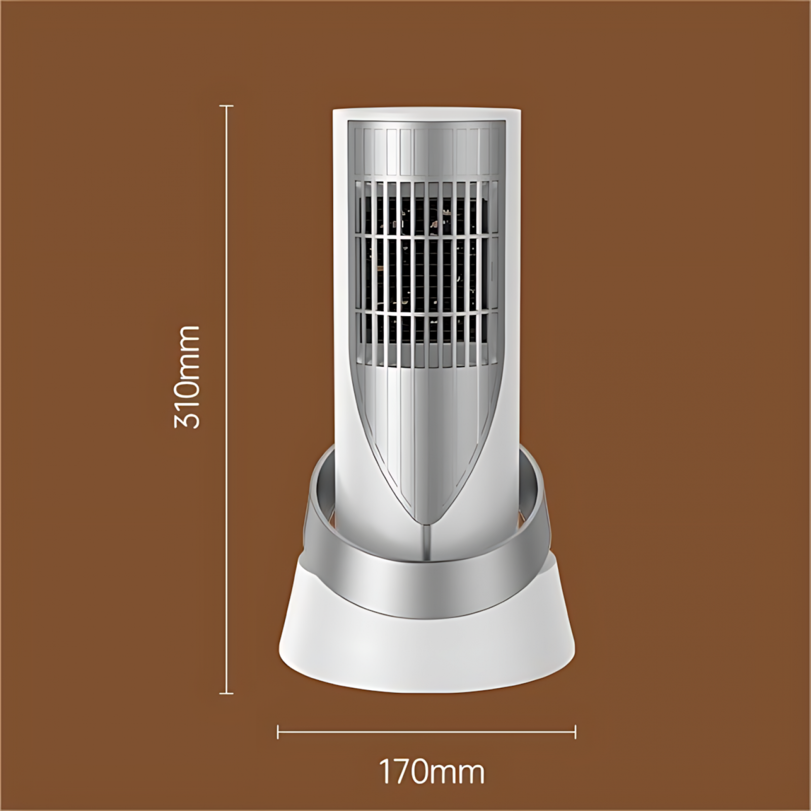 Ein weißer und silberner Turmventilator wird gezeigt. Die Abmessungen sind 310 mm hoch und 170 mm breit. Der Hintergrund ist braun.