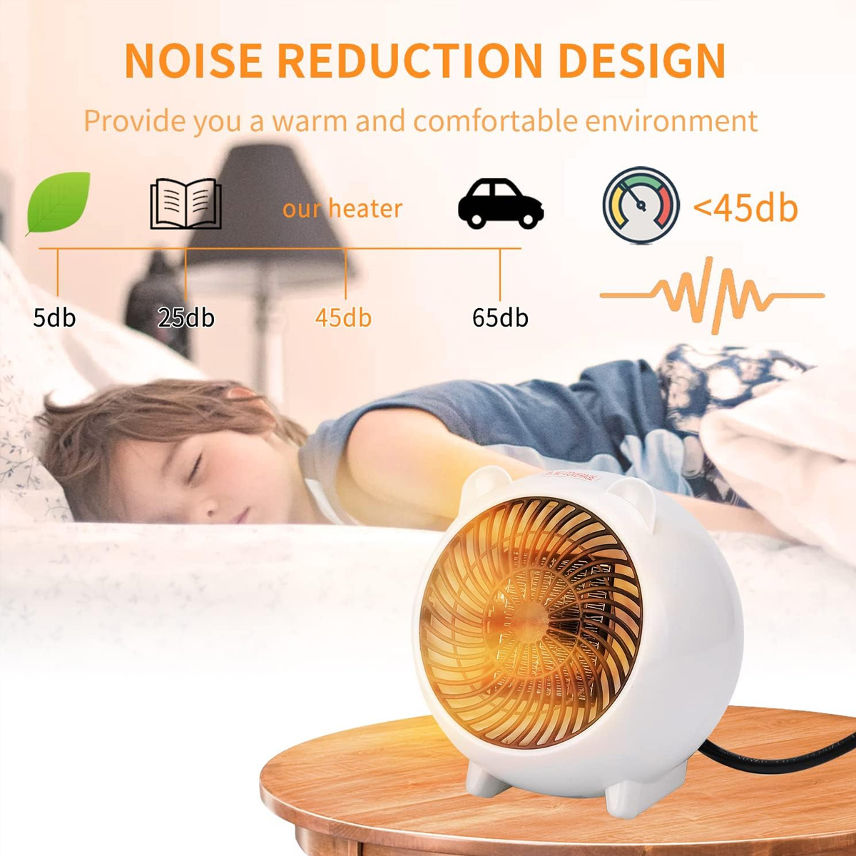 Ein Kind schläft neben einem weißen Heizgerät. Text zeigt Geräuschpegel: 5dB, 25dB, 45dB, 65dB. Das Heizgerät steht auf einem Holztisch.