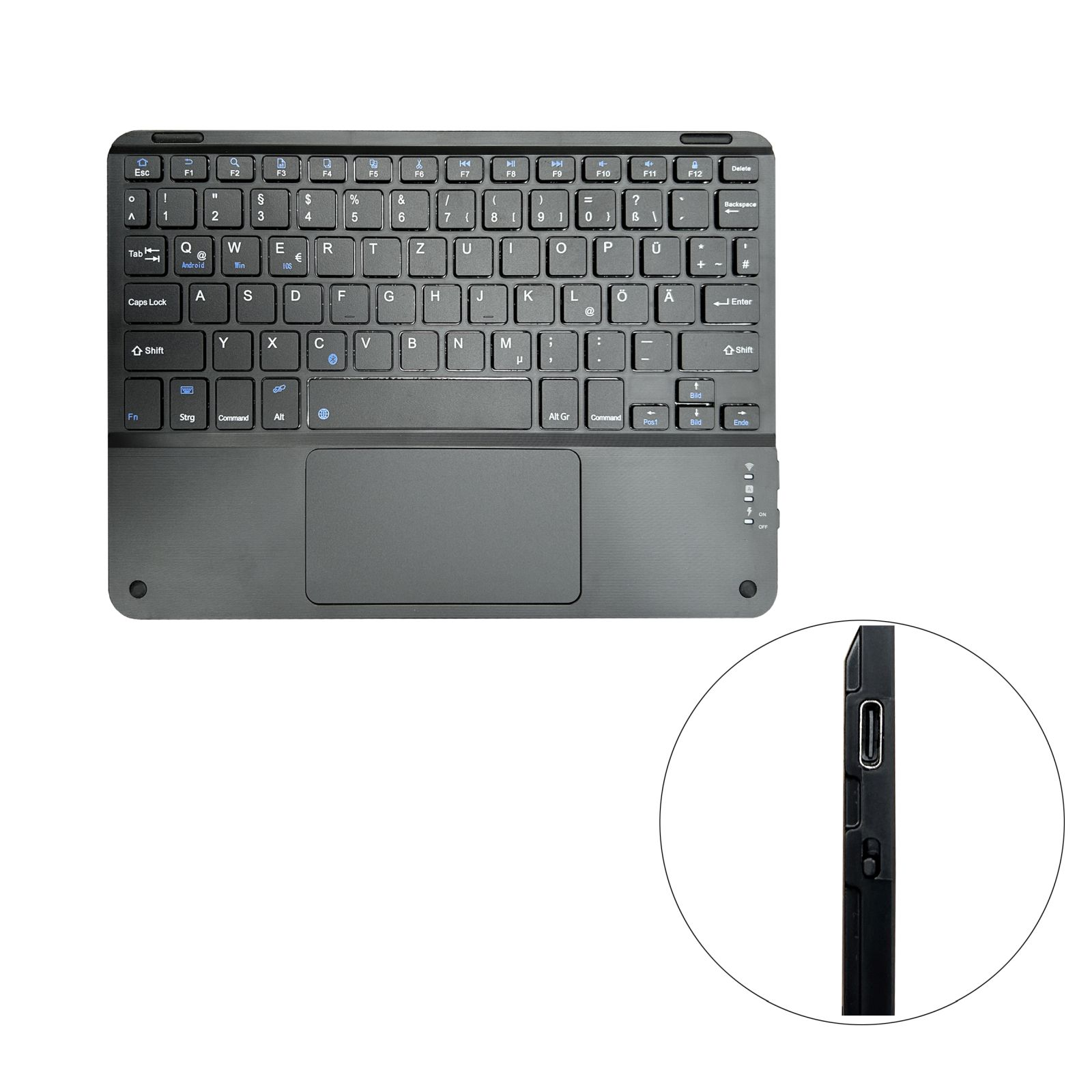 Eine schwarze Tastatur mit Tasten und einem Touchpad. Die Seitenansicht zeigt einen Ein-/Ausschalter. Hintergrund ist weiß.