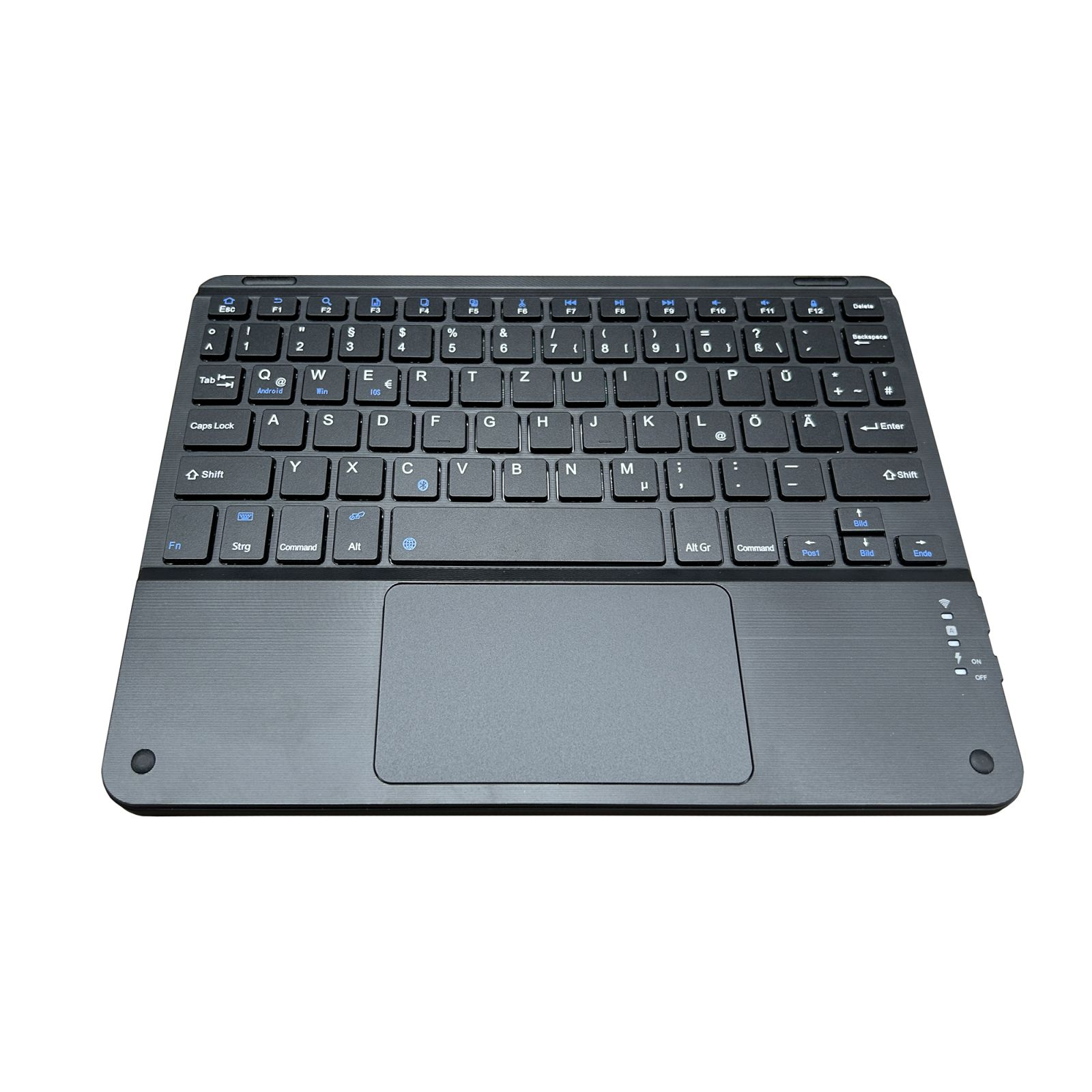 Eine schwarze Tastatur mit Touchpad. Tasten umfassen Buchstaben, Zahlen und Funktionstasten. Ein/Aus-Schalter rechts.