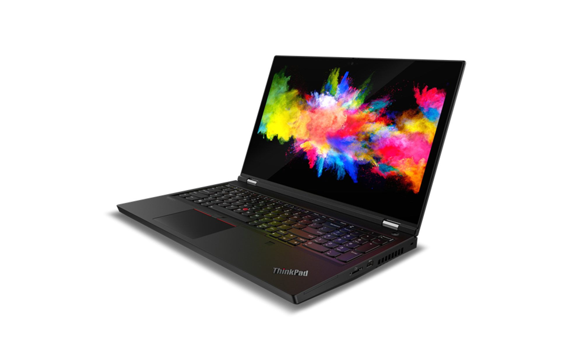 Schwarzer ThinkPad-Laptop mit farbenfrohem Display. Tastatur und Touchpad sind sichtbar. Der Hintergrund ist weiß.
