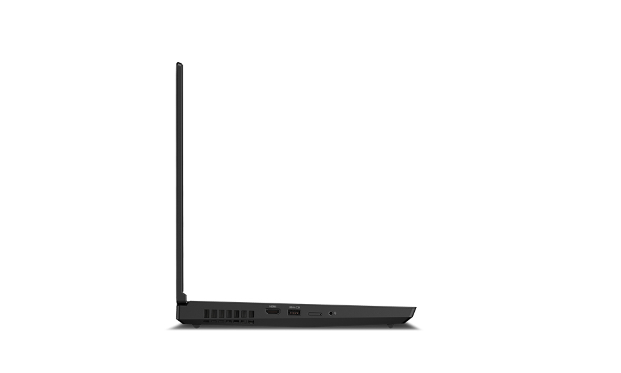 Seitenansicht eines schwarzen Laptops, die den Bildschirm und die Basis zeigt. Anschlüsse sind an der Basis sichtbar, und der Bildschirm ist geöffnet.