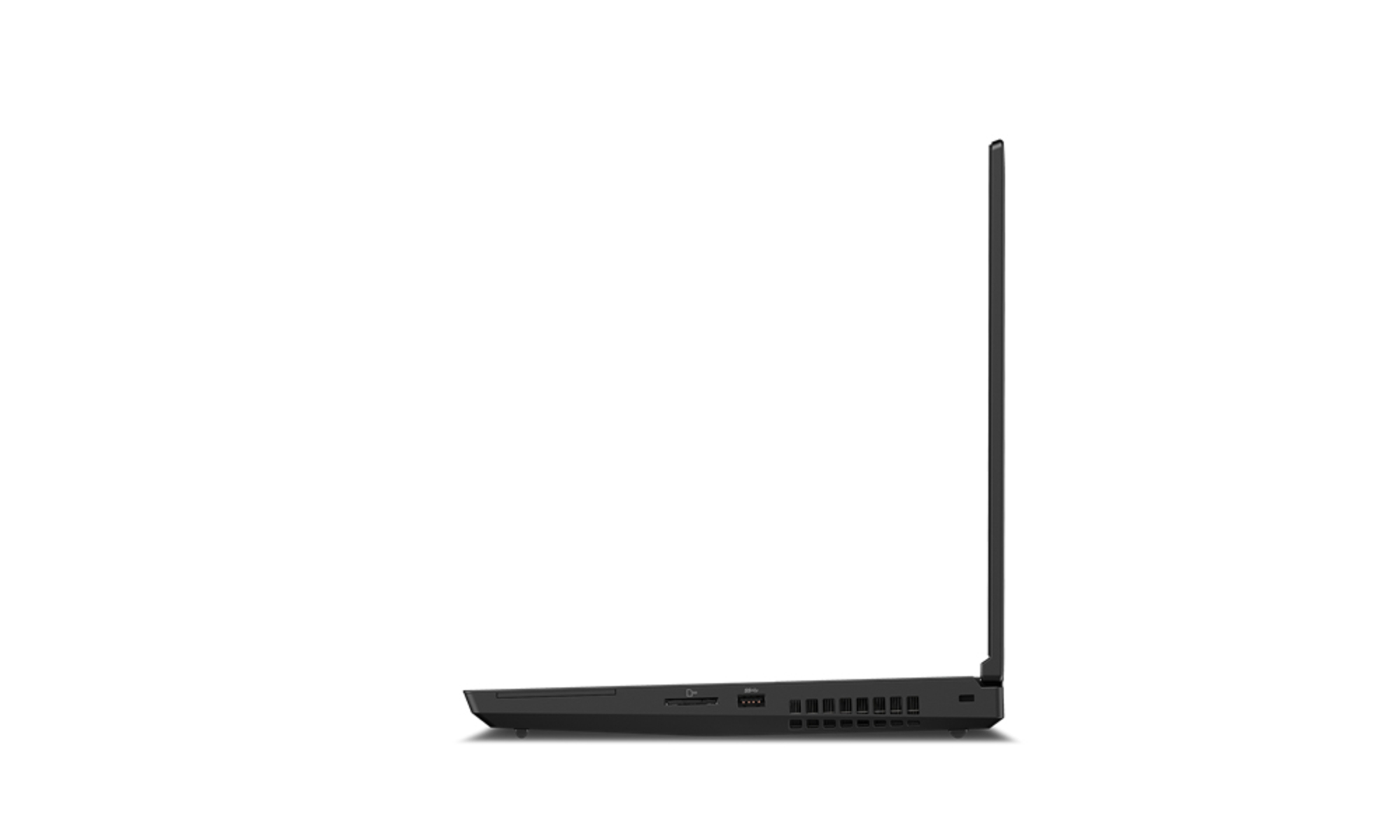 Seitenansicht eines schwarzen Laptops. Der Bildschirm ist geöffnet. Mehrere Anschlüsse und Lüftungsschlitze sind sichtbar.