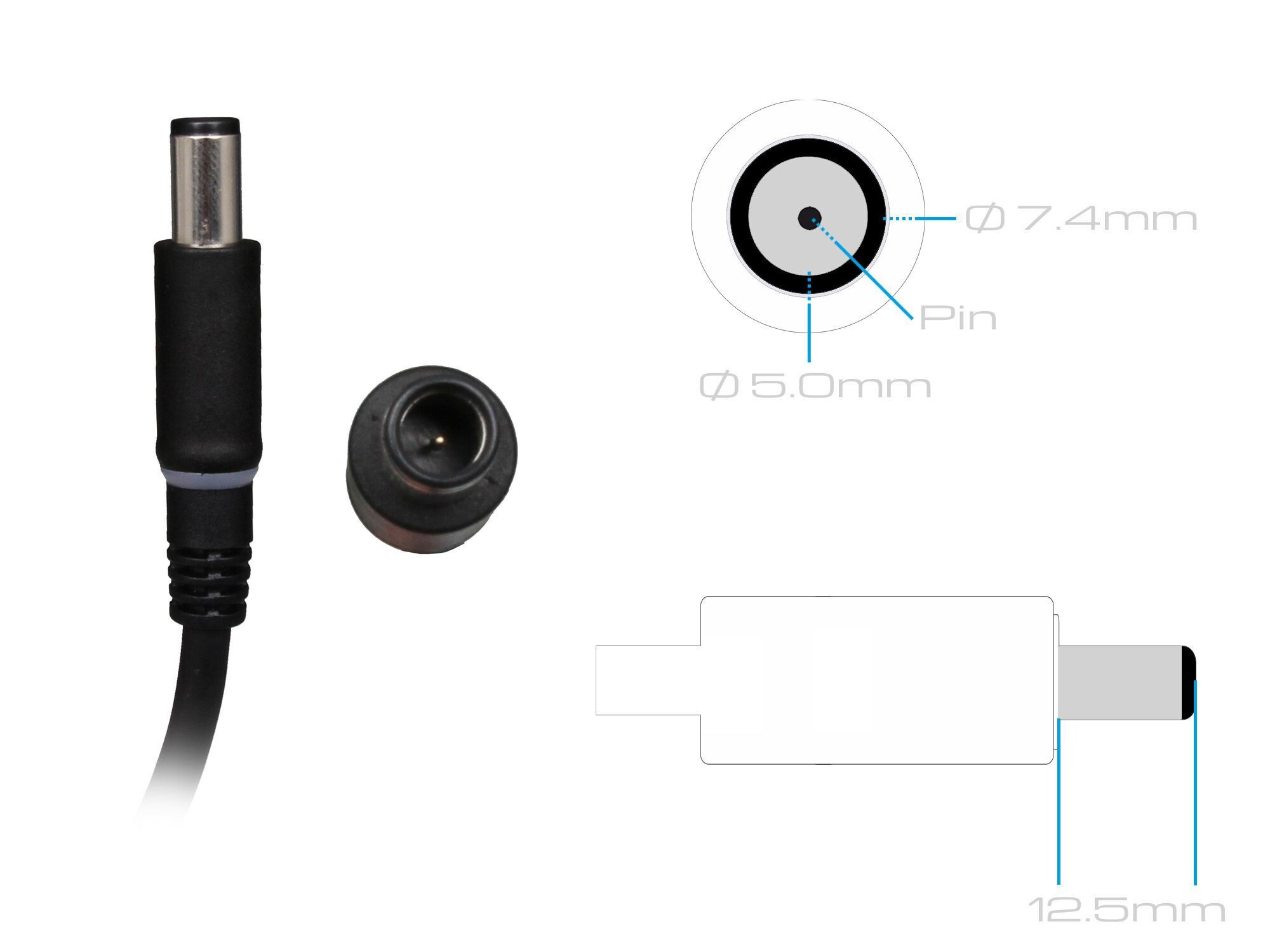 Diagramm eines schwarzen Netzadapters mit Abmessungen, einschließlich eines Stifts und eines Steckers. Der Stift ist 5,0 mm und 7,4 mm.