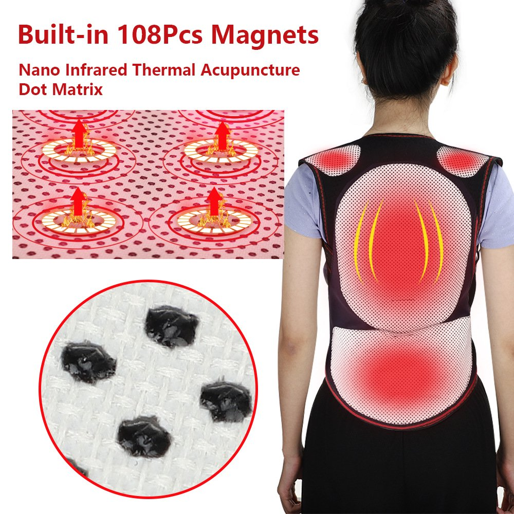 Eine Frau trägt eine Rückenstütze mit einer Grafik, die Wärmepunkte und Magnete zeigt. Text: Eingebaute 108 Magnete, Nano-Infrarot-Wärme.