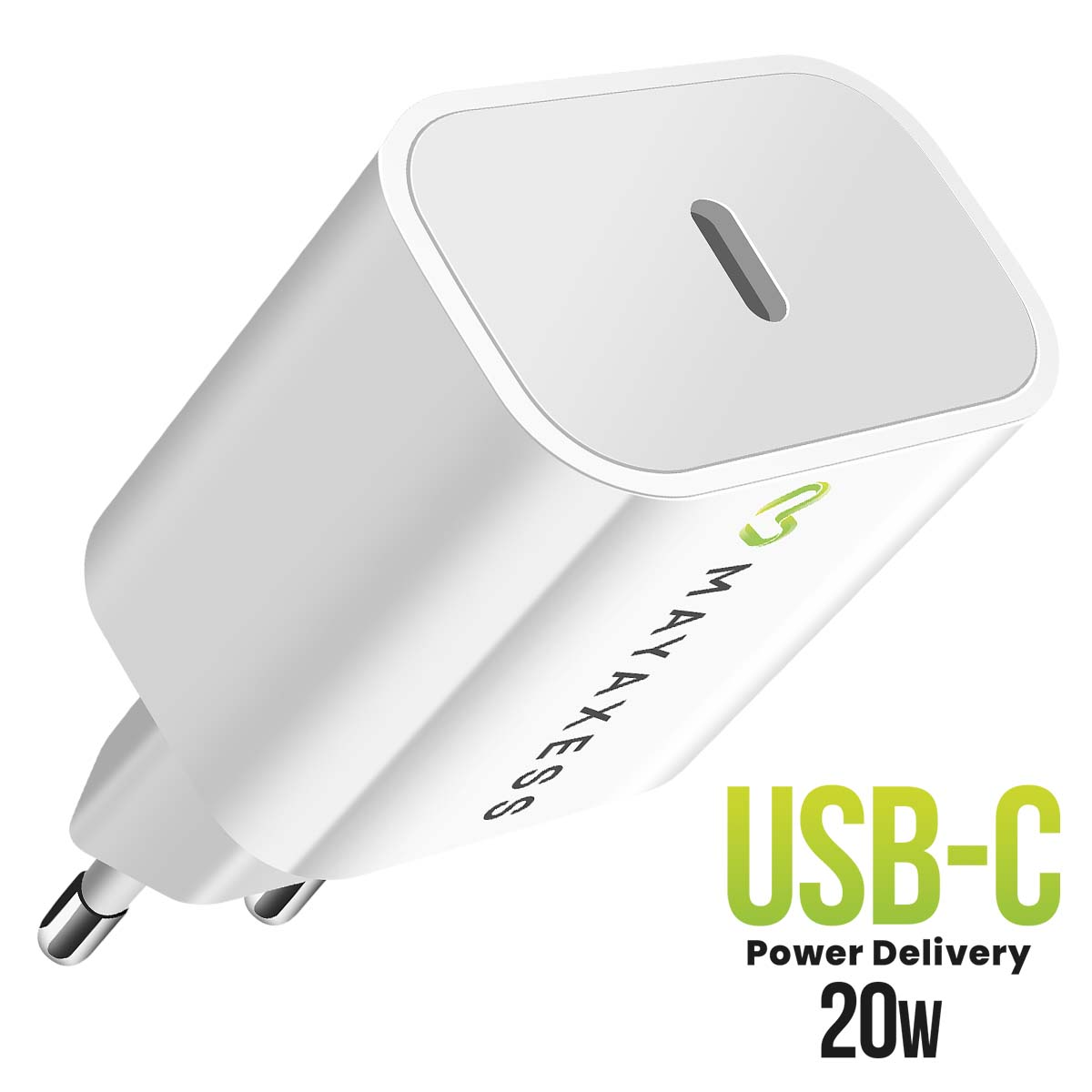 Adattatore di alimentazione USB-C bianco con testo 'MAYAXESS' e 'USB-C Power Delivery 20W' in verde e giallo.