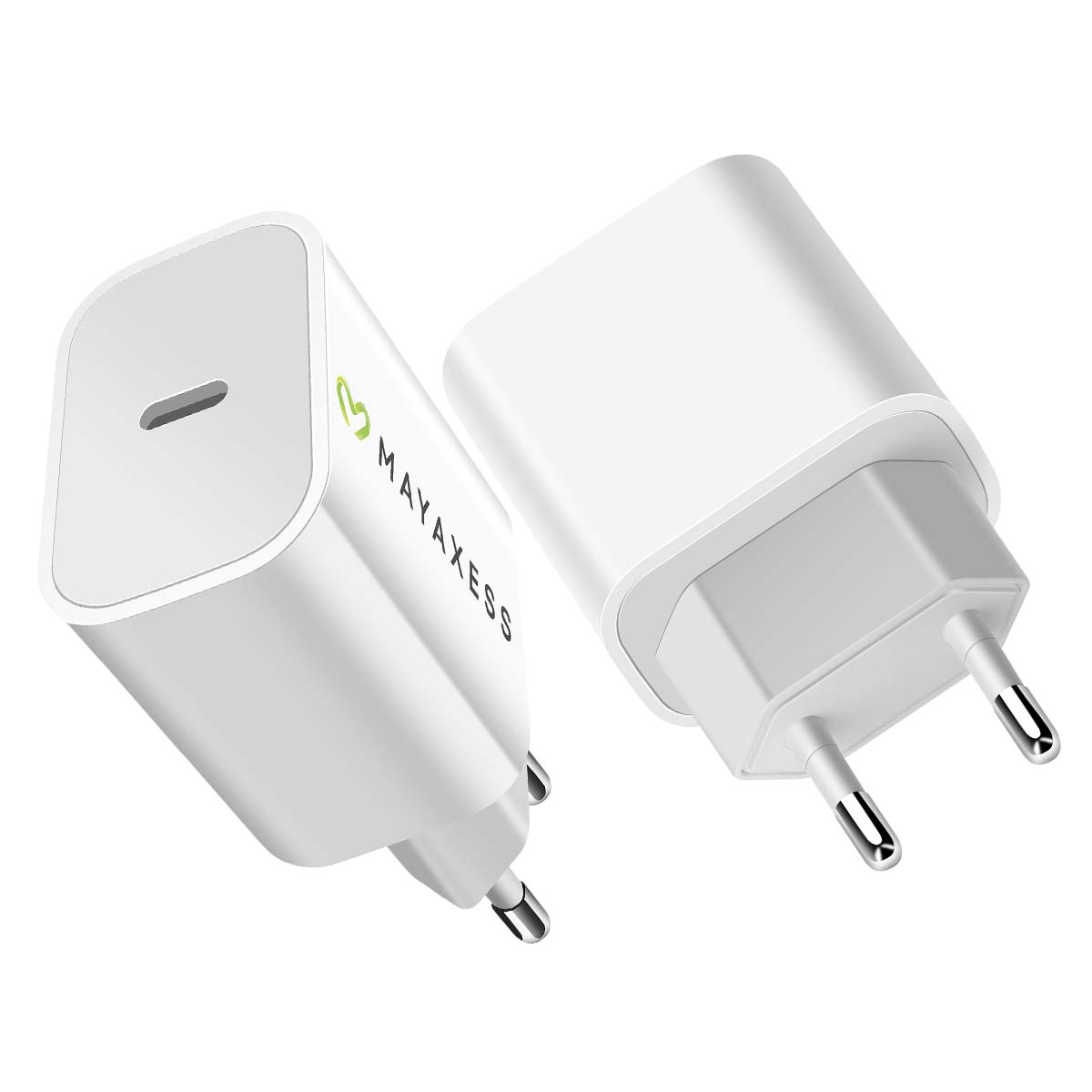 Due caricabatterie Mayaxess bianchi su sfondo bianco. Uno mostra una porta USB-C, l'altro ha i pin della spina.