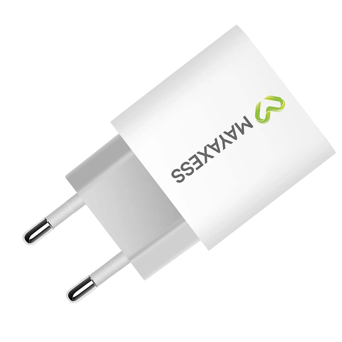 Un caricabatterie per telefono MAYAXESS bianco con spine argentate. Logo verde sul caricabatterie.