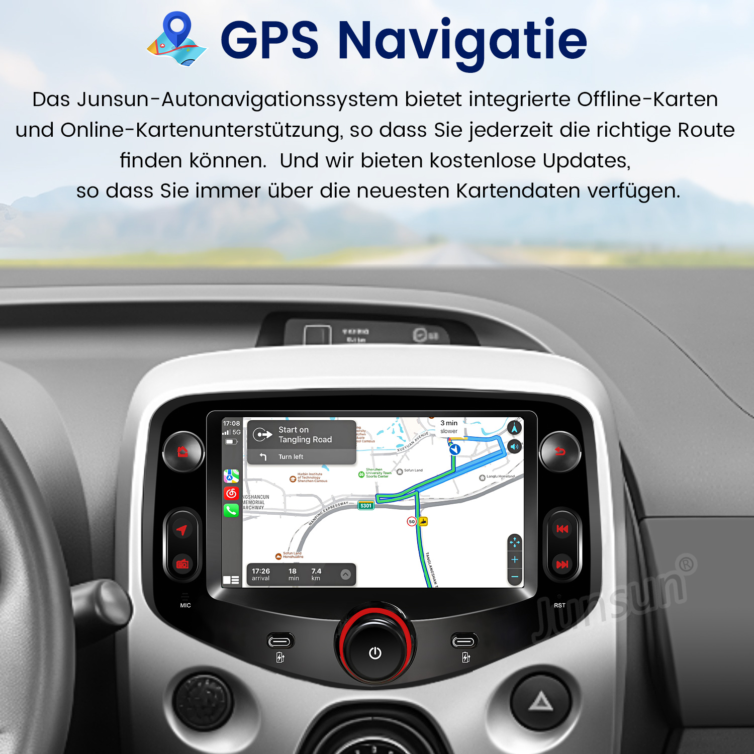 Deska rozdzielcza samochodu z ekranem nawigacji GPS pokazującym mapę trasy. Ekran wyświetla nazwy ulic.