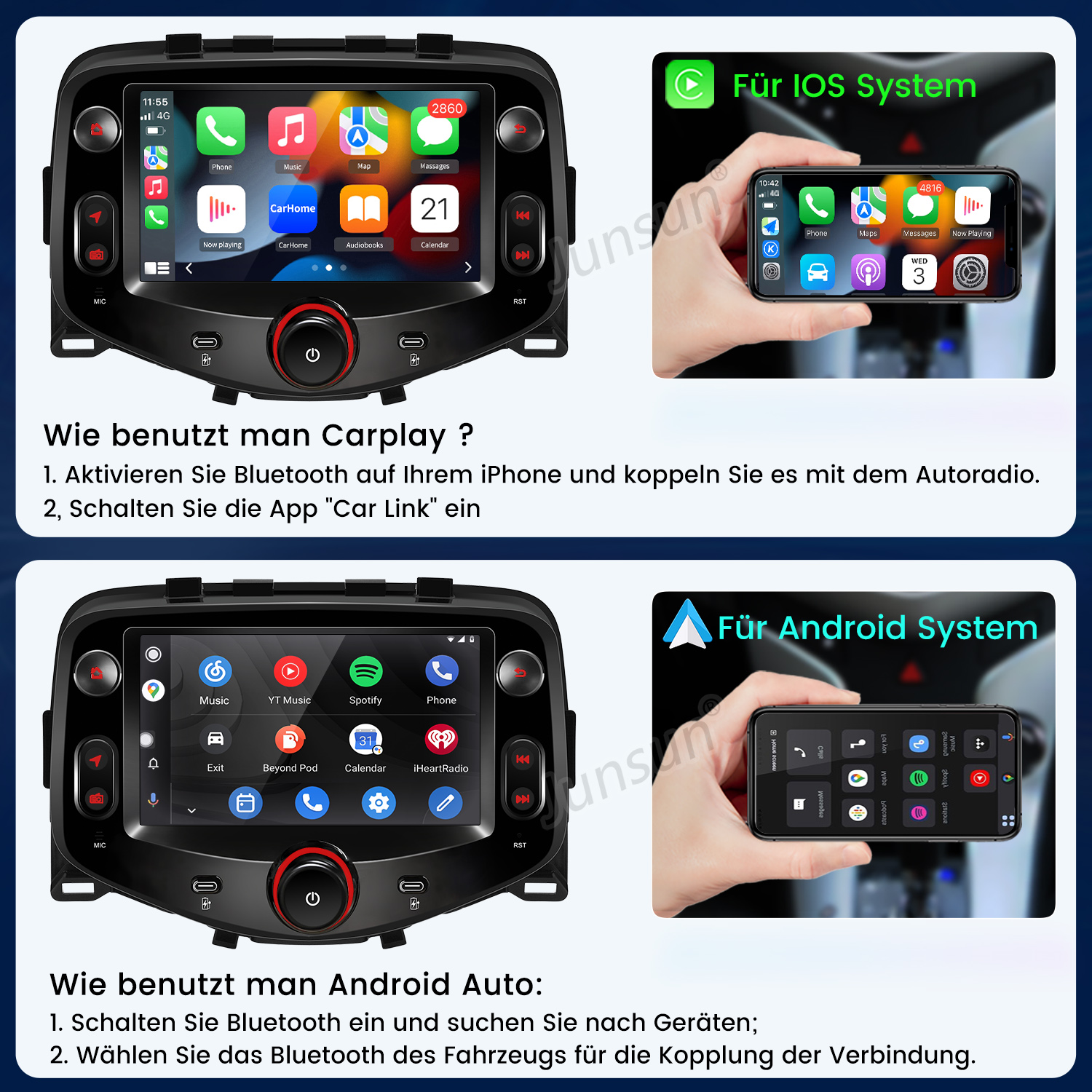 Obrazek pokazuje system informacyjno-rozrywkowy samochodu i dwa ekrany telefonów, jeden dla iOS i jeden dla Androida.