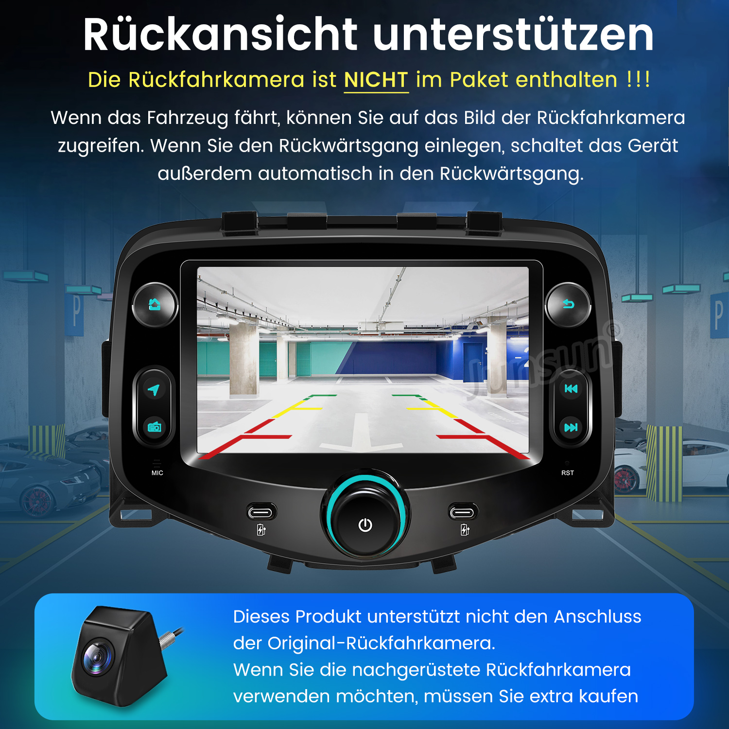 Auto-Navigationsbildschirm mit Parkhausansicht. Darunter eine kleine Kamera. Text auf Deutsch beschreibt das System.