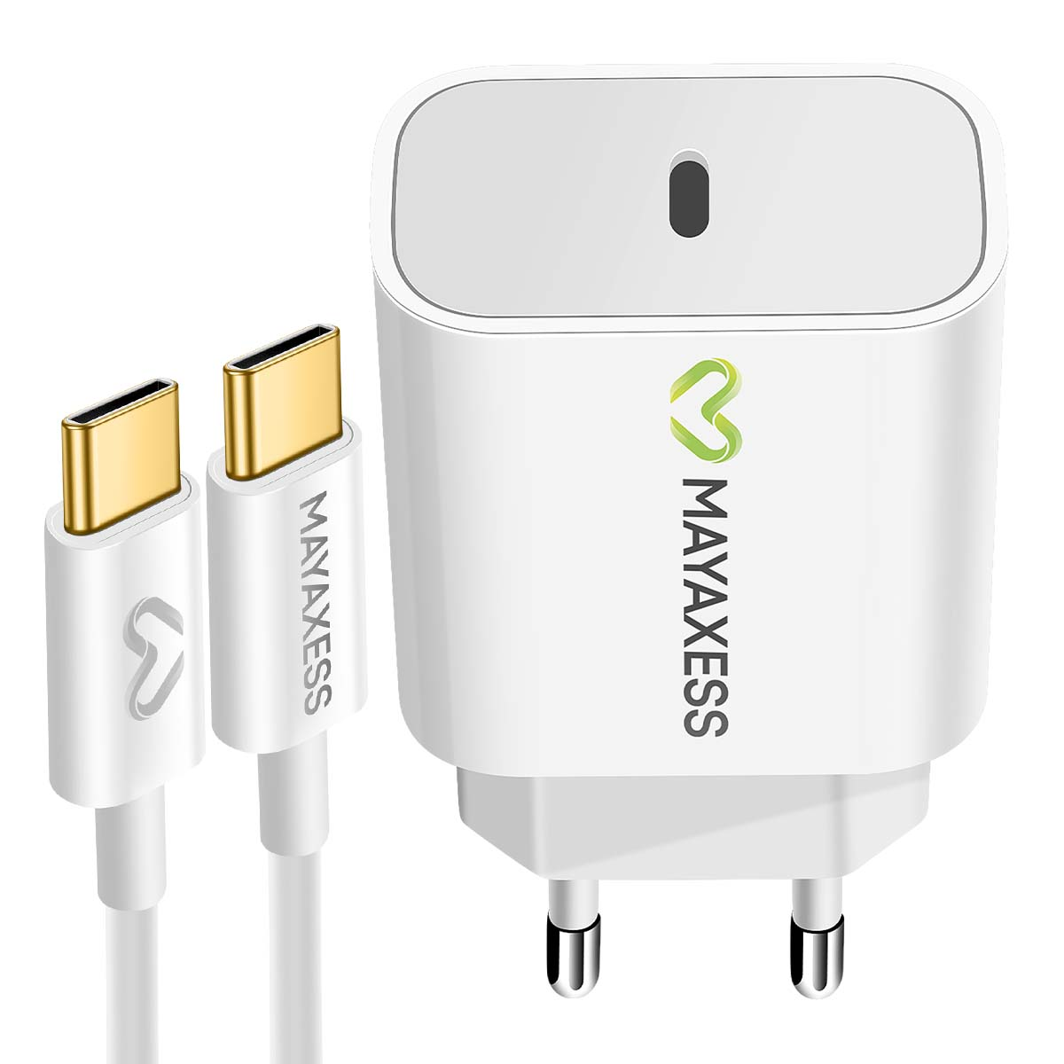 Caricabatterie Mayaxess bianco con due cavi USB-C. Il caricabatterie ha un logo e due spine. I cavi hanno connettori dorati e logo.