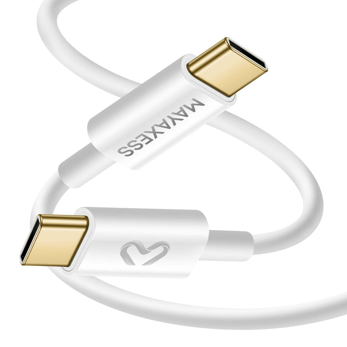Un cavo USB-C bianco con connettori dorati. Il marchio 'MAYAXESS' è stampato sul cavo. Il cavo è curvo.