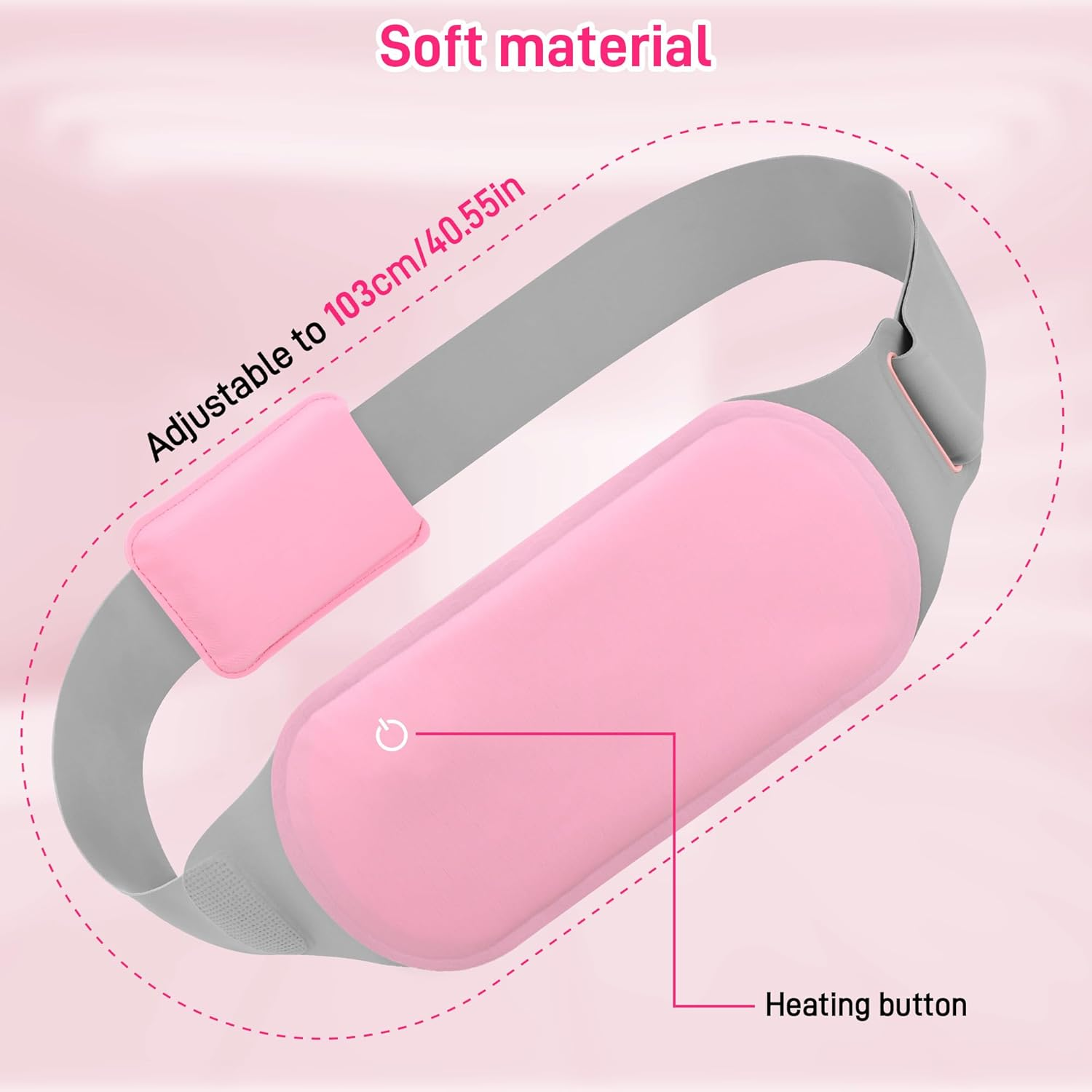 Ein pinkfarbener und grauer verstellbarer Heizgürtel mit Heiztaste. Der Text lautet 'Weiches Material' und 'Einstellbar bis 103 cm/40,55 Zoll'.