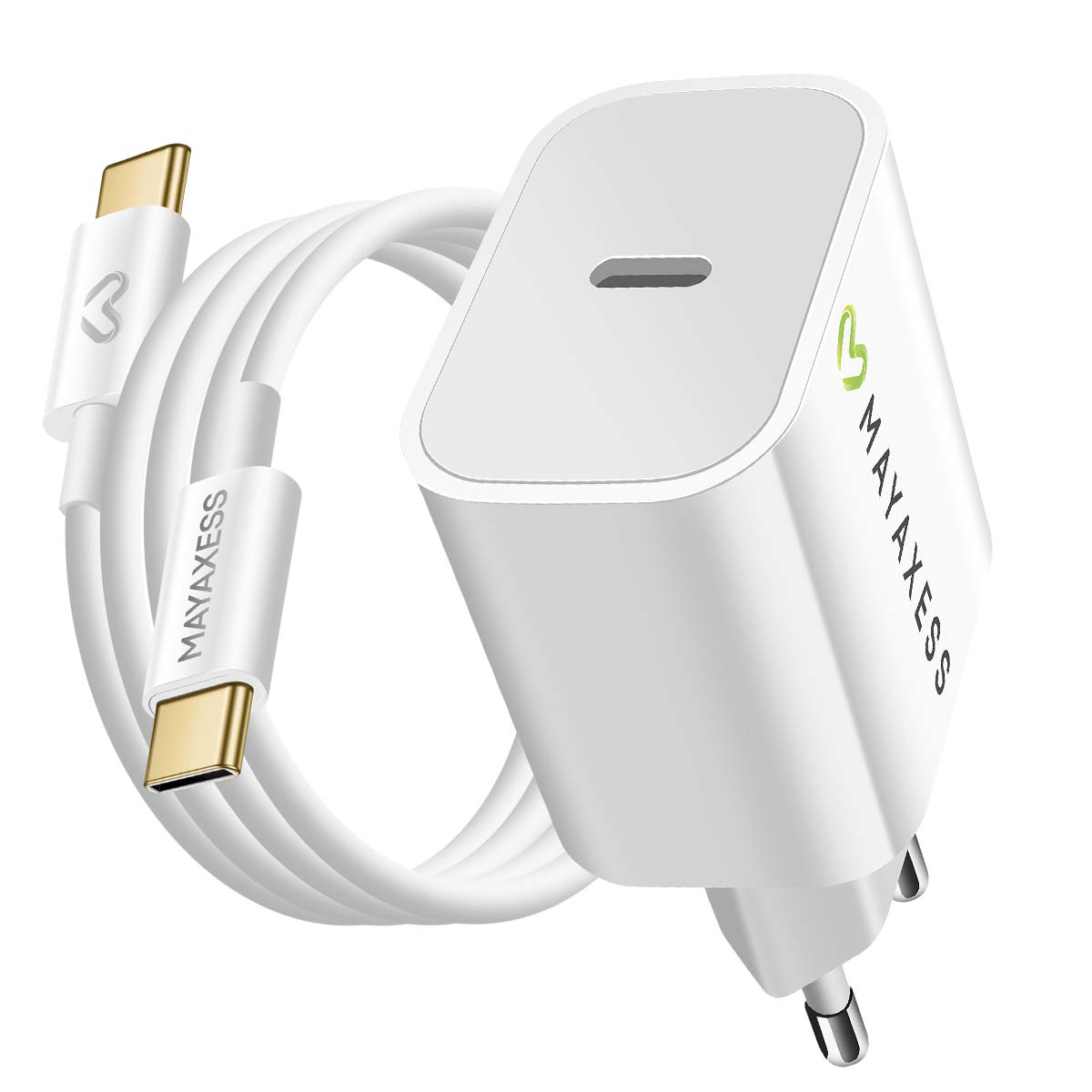 Un caricatore MAYAXESS bianco con un cavo bianco collegato. Il cavo ha un connettore USB-C a un'estremità.