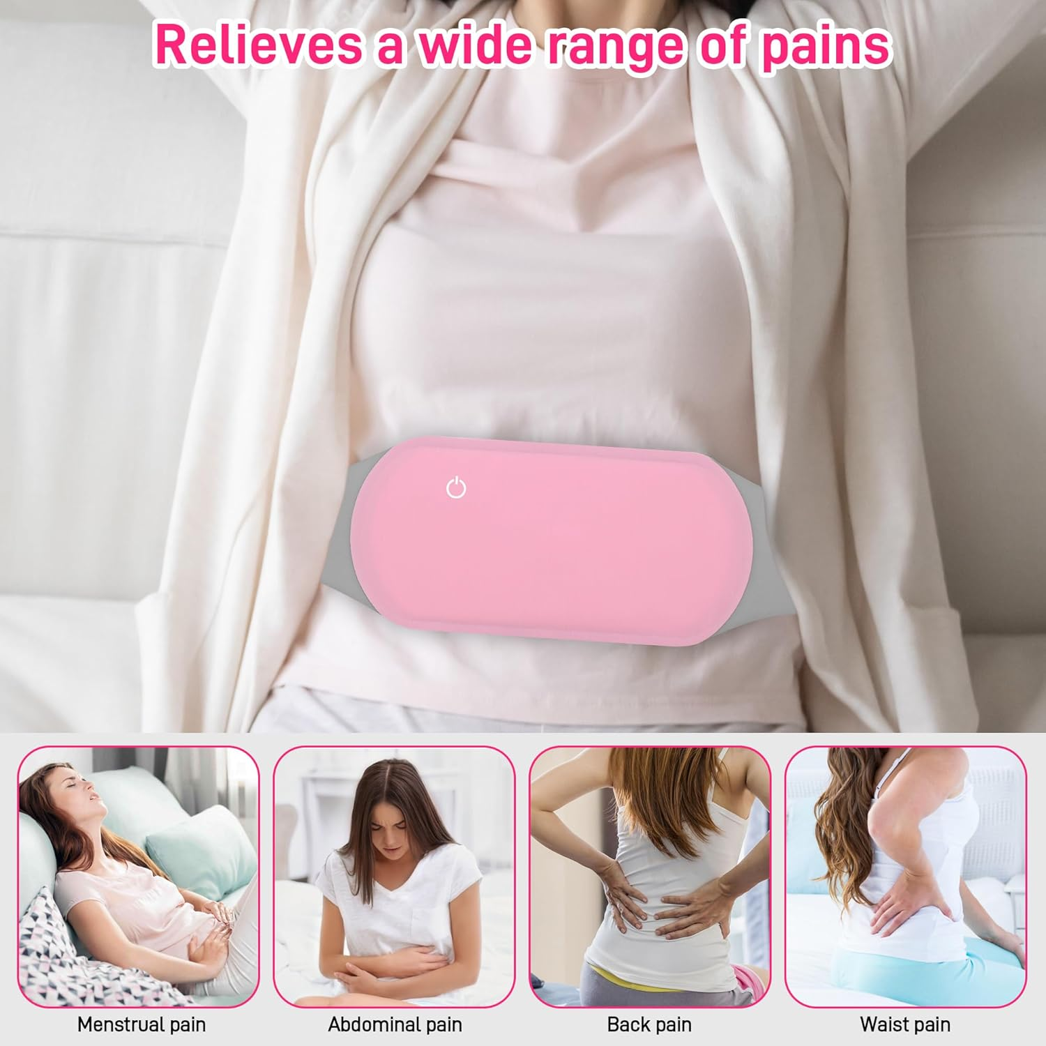Eine Person trägt ein rosa Heizkissen. Es steht: 'Lindert eine Vielzahl von Schmerzen' mit Bildern von Menstruations-, Bauch-, Rücken- und Taillenschmerzen.