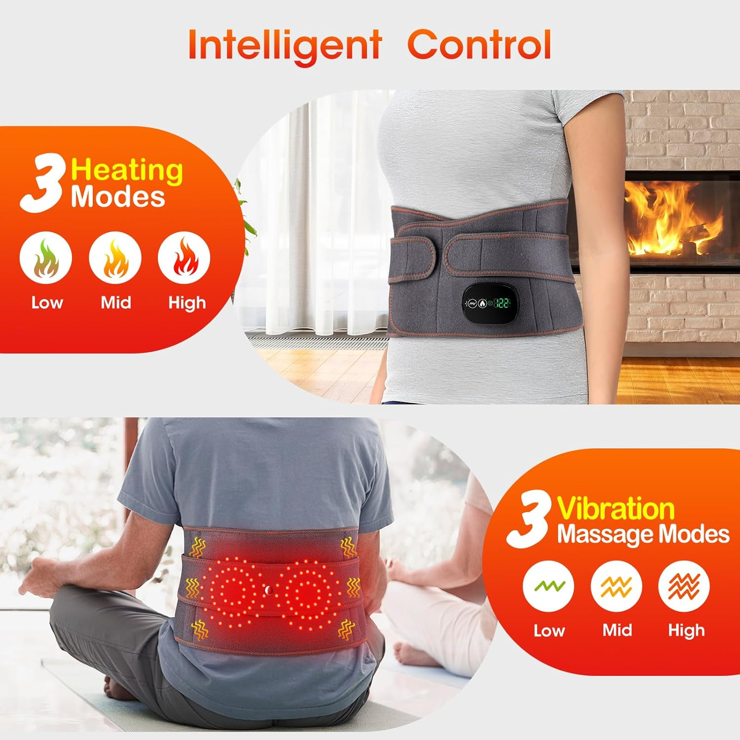 Das Bild zeigt einen Heiz- und Massagegürtel in Gebrauch. Er verfügt über 3 Heizmodi, 3 Vibrationsmodi und die Worte Intelligent Control.