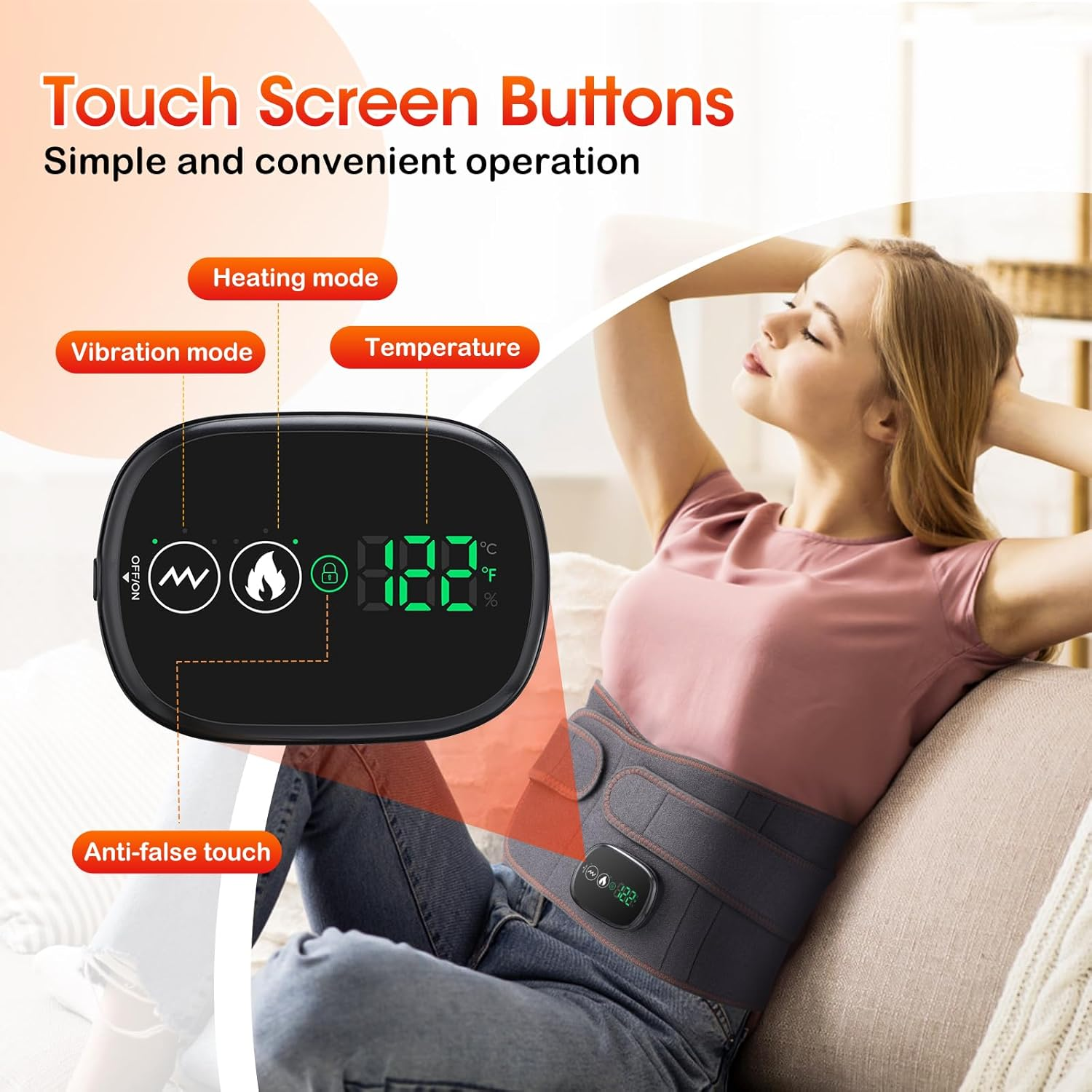 Eine Frau benutzt ein Rückenmassagegerät. Der Text lautet 'Touch Screen Buttons' und 'Heating mode', 'Vibration mode', 'Temperature'.