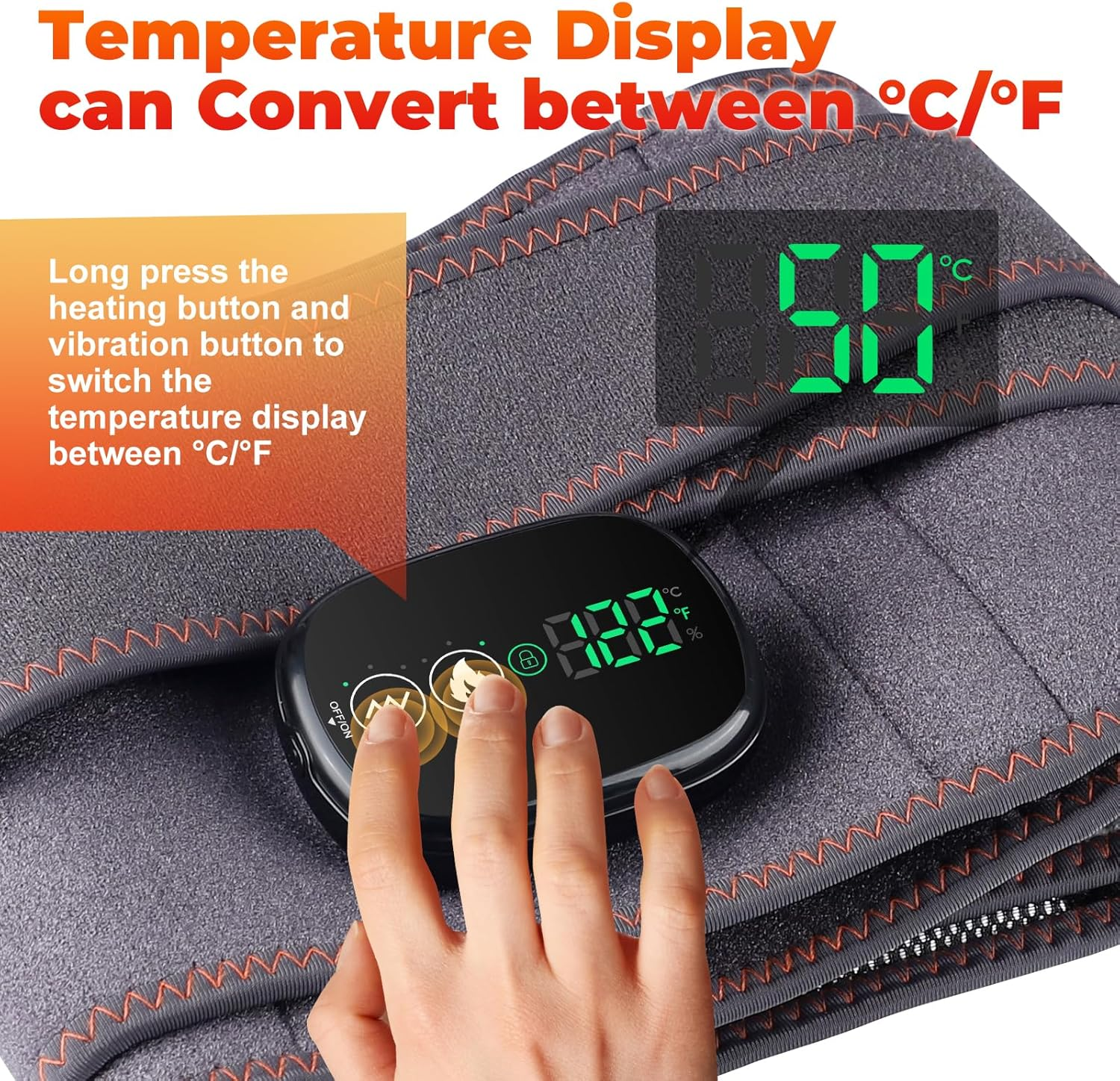 Eine Hand drückt Knöpfe auf einem Gerät, das die Temperatur anzeigt. Das Gerät befindet sich auf einer grauen Bandage mit orangefarbenen Nähten. Die Anzeige zeigt 50°C.