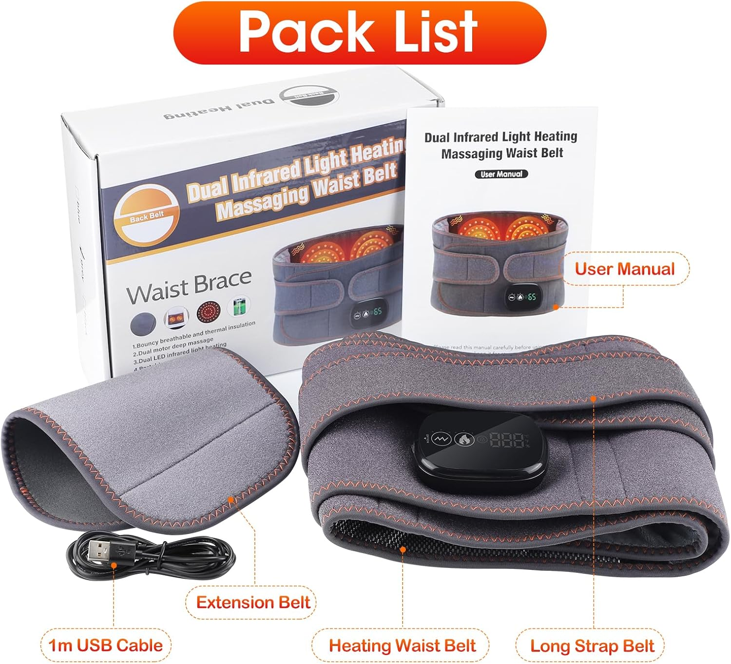 Eine Packliste eines Taillenmassagegeräts mit USB-Kabel, Verlängerungsgürtel und Bedienungsanleitung. Etiketten umfassen 'Heiz-Taillengürtel'.