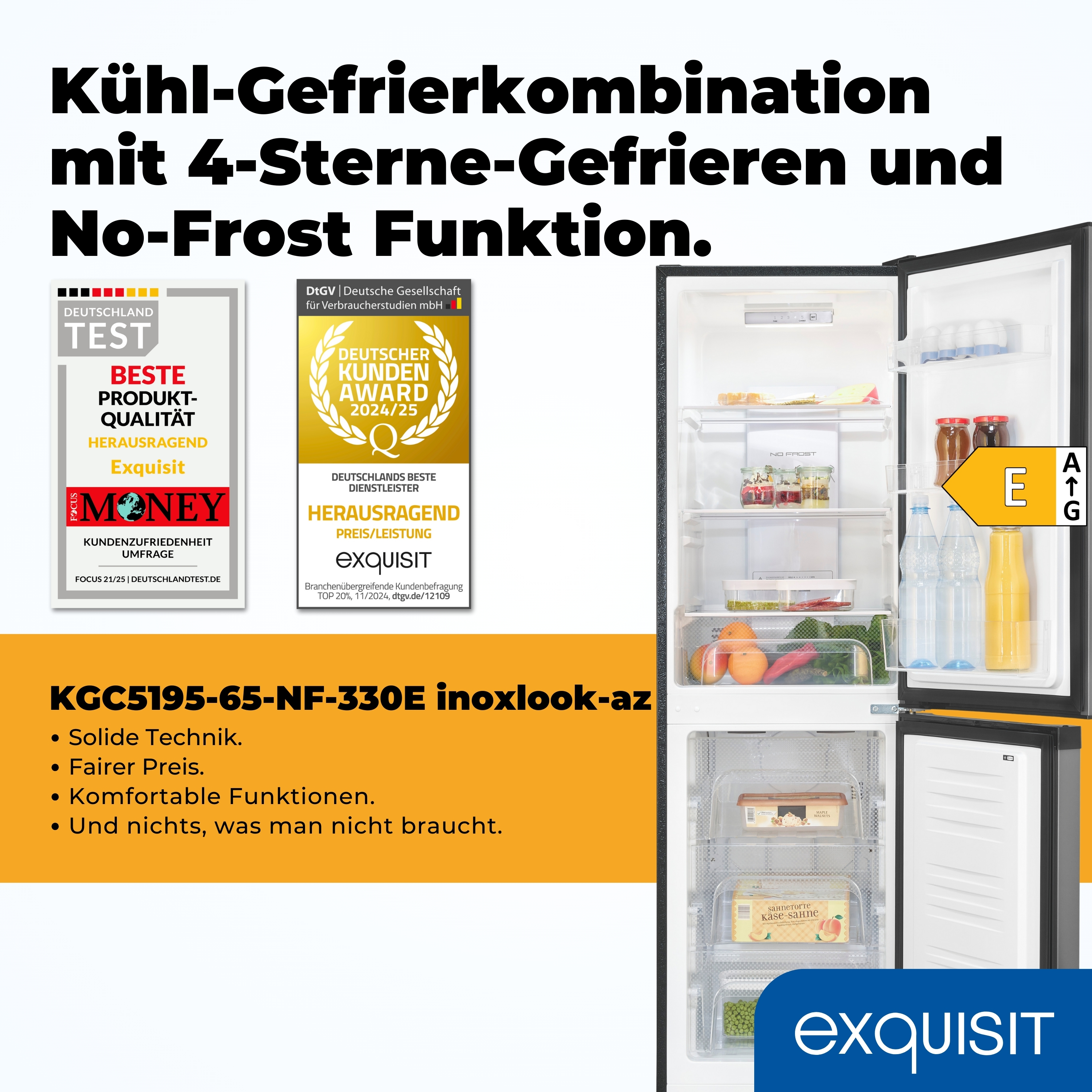 Kühlschrank mit offener Tür, zeigt Regale mit Lebensmitteln und Energieeffizienz. Enthält Auszeichnungen und Text auf Deutsch.