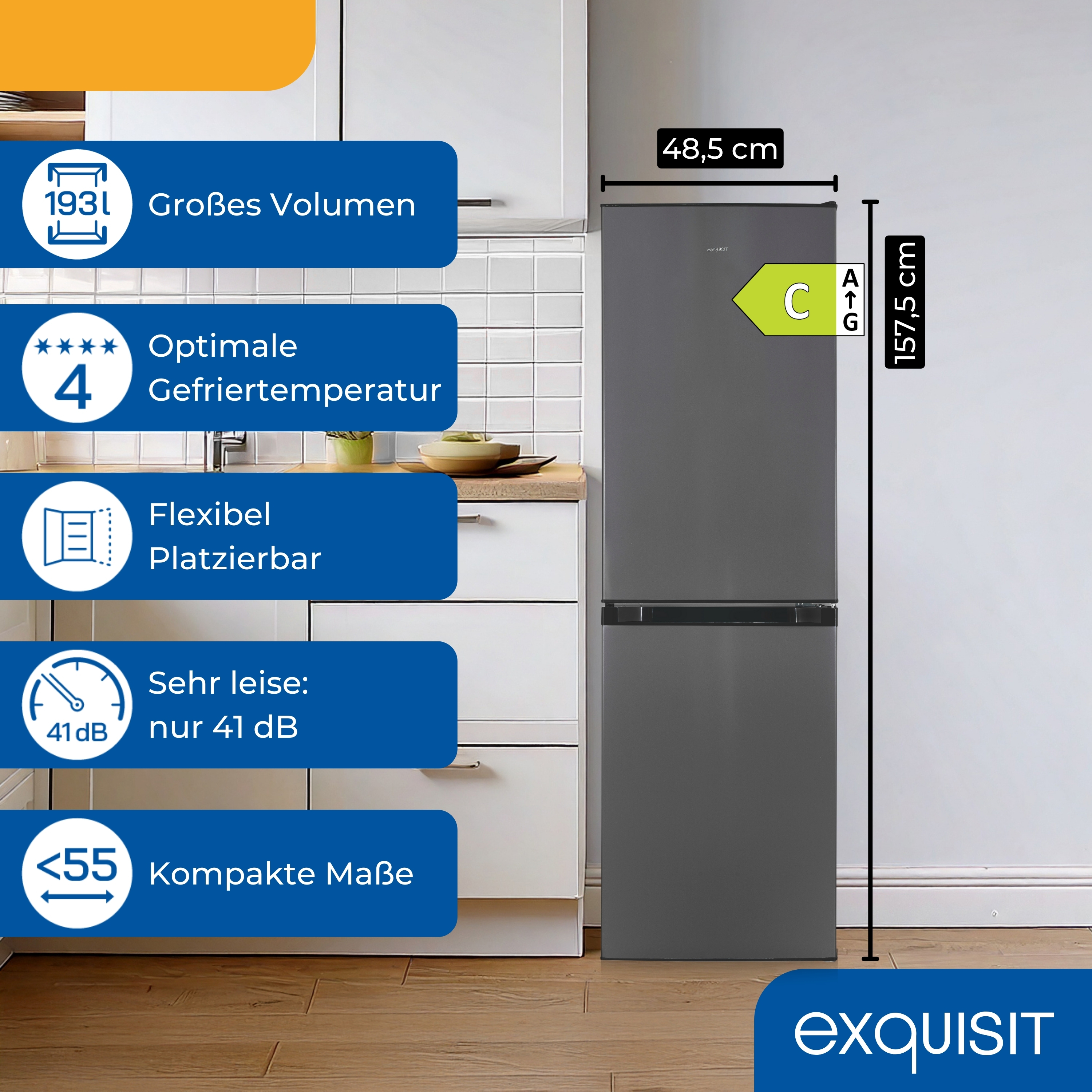 Ein grauer Kühlschrank mit Abmessungen und Energieeffizienzlabel. Textkennzeichnungen heben Merkmale hervor.