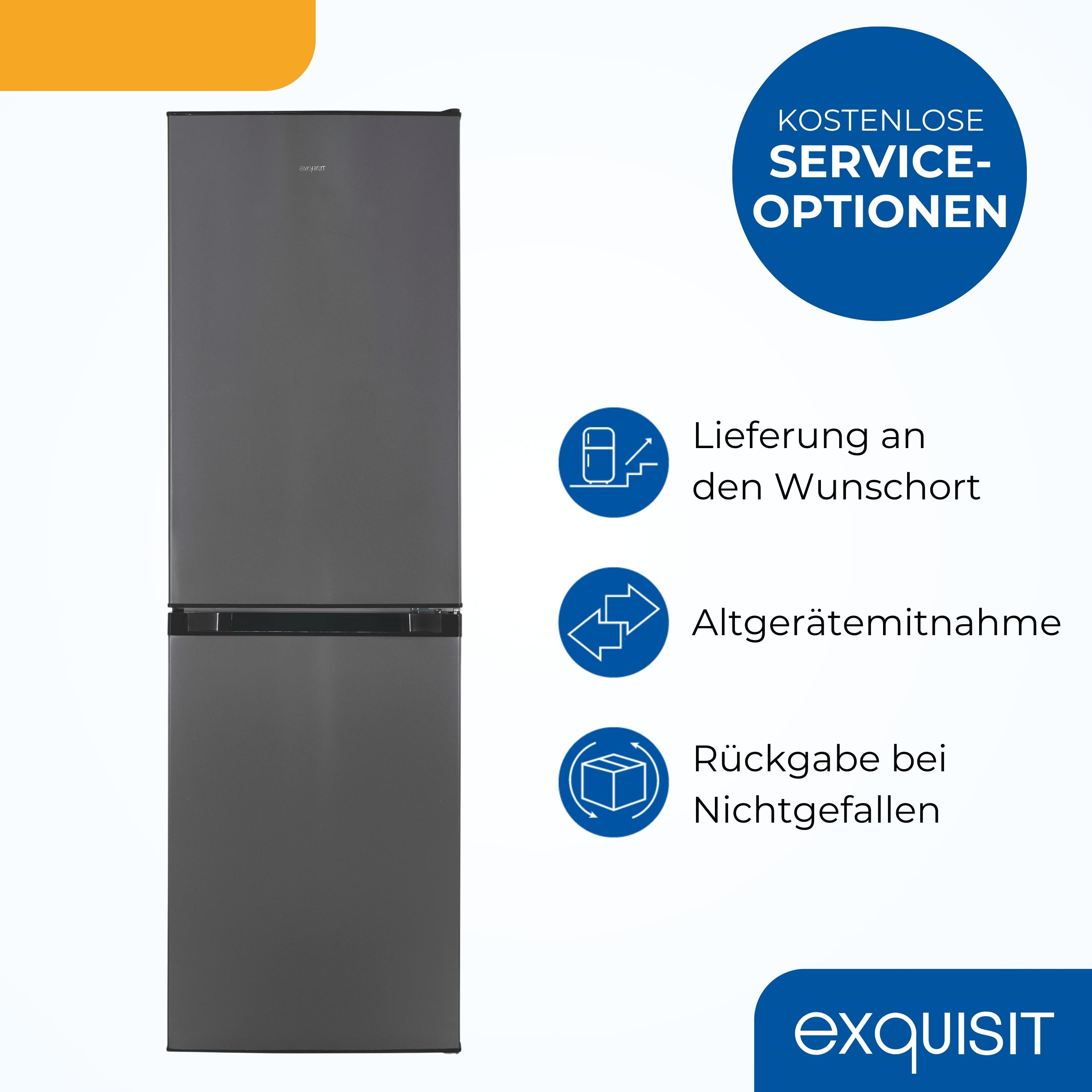 Ein dunkelgrauer Kühlschrank mit Gefrierfach unten. Er verfügt über Serviceoptionen und das Exquisit-Logo.