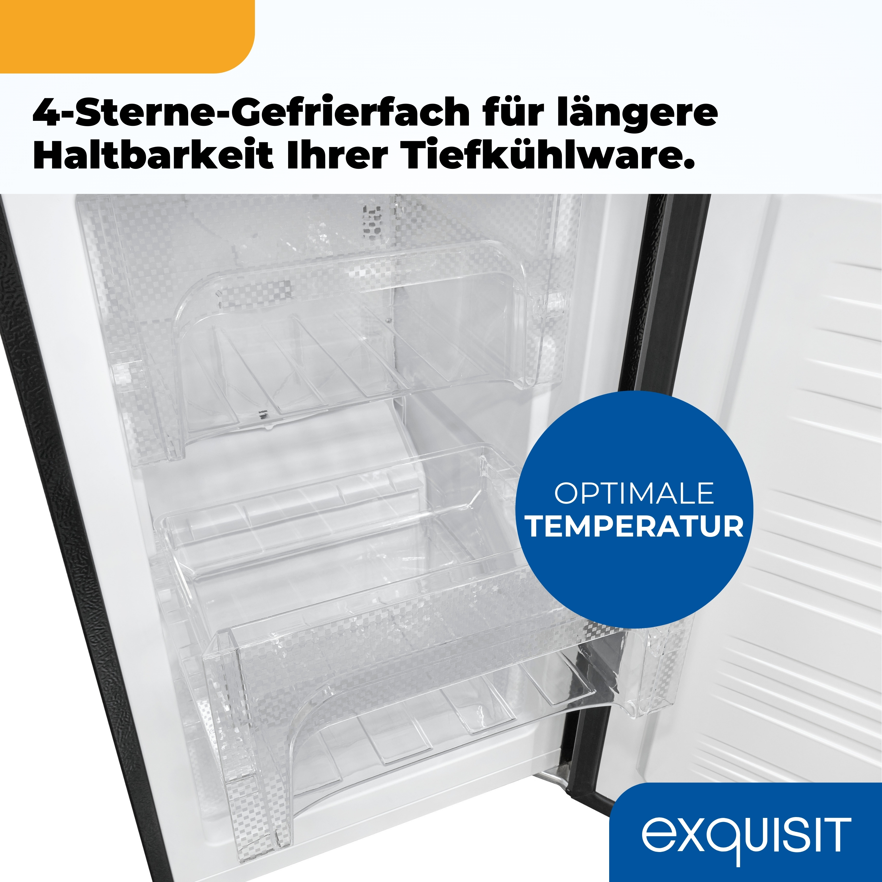 Offener Kühlschrank mit transparenten Fächern. Text: 4-Sterne-Gefrierfach für längere Haltbarkeit. Blauer Kreis: Optimale Temperatur.