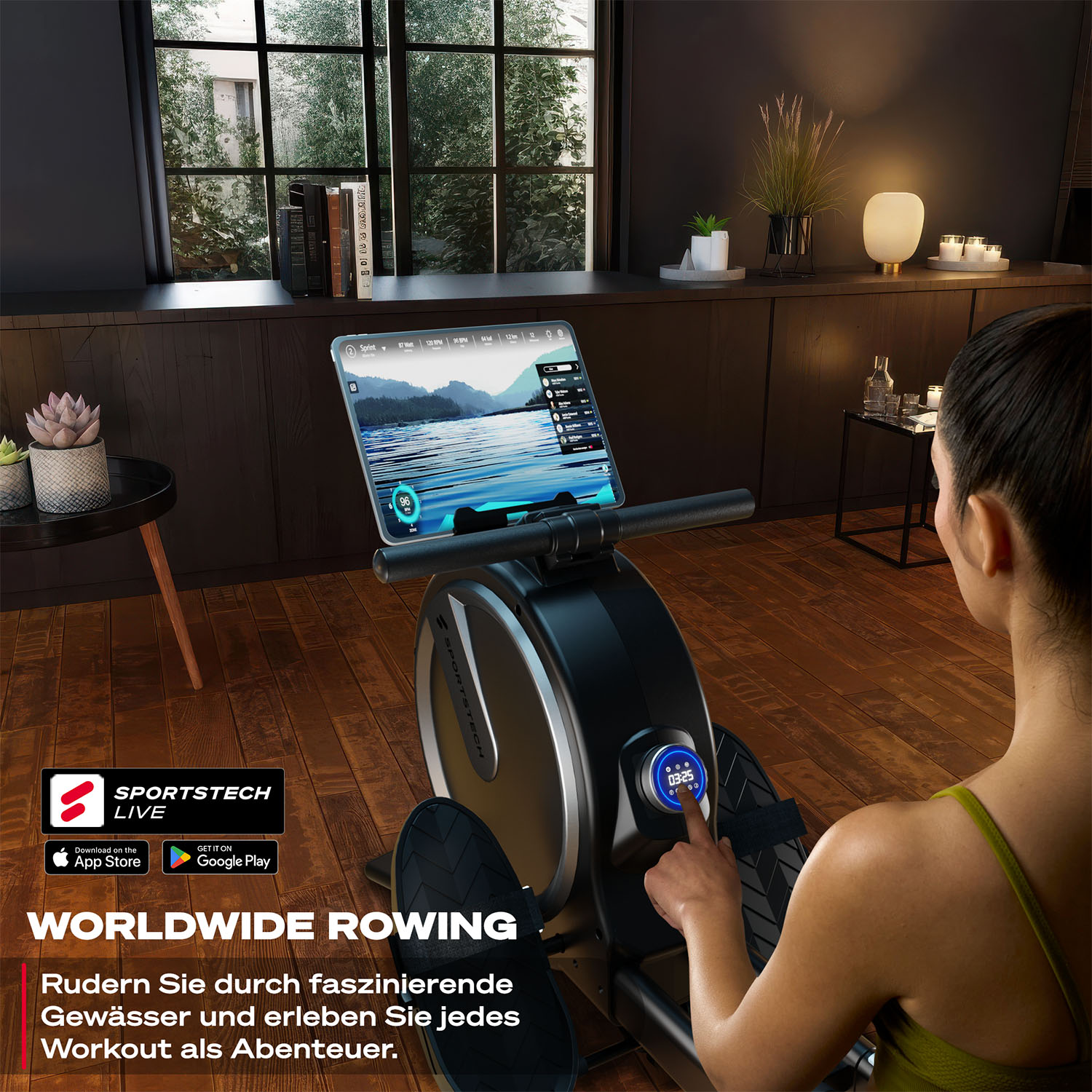 Eine Frau benutzt ein Rudergerät mit einem Tablet, das eine Seeszene zeigt. Das Gerät hat ein Digitaldisplay. Text: 'Worldwide Rowing'.