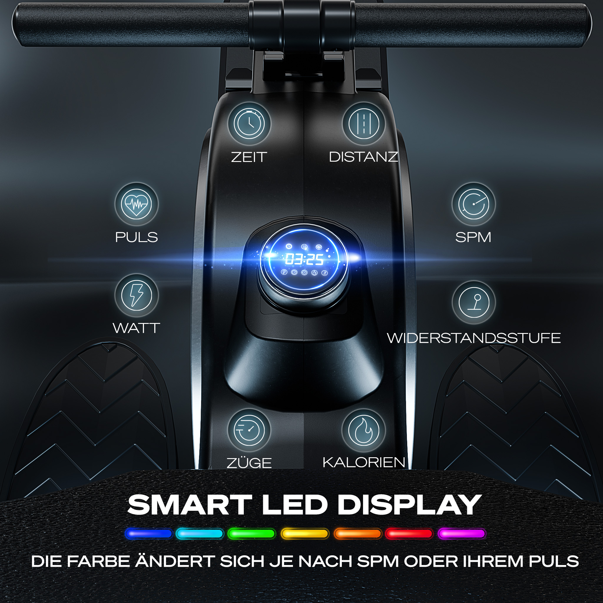 Rudergerät-Display mit Zeit, Distanz, Puls, SPM, Watt, Widerstand, Zügen und Kalorien. Intelligente LED-Anzeige.