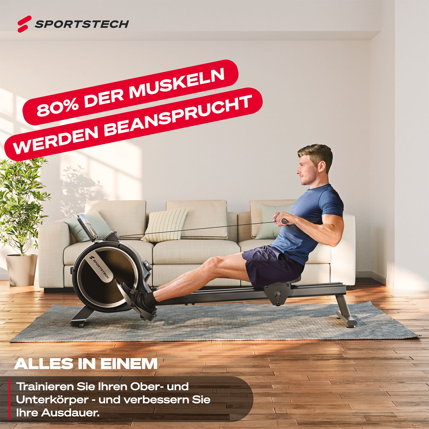 Mann rudert auf einer Maschine in Innenräumen. Text besagt, dass 80 % der Muskeln beansprucht werden. Pflanze und Sofa im Hintergrund.