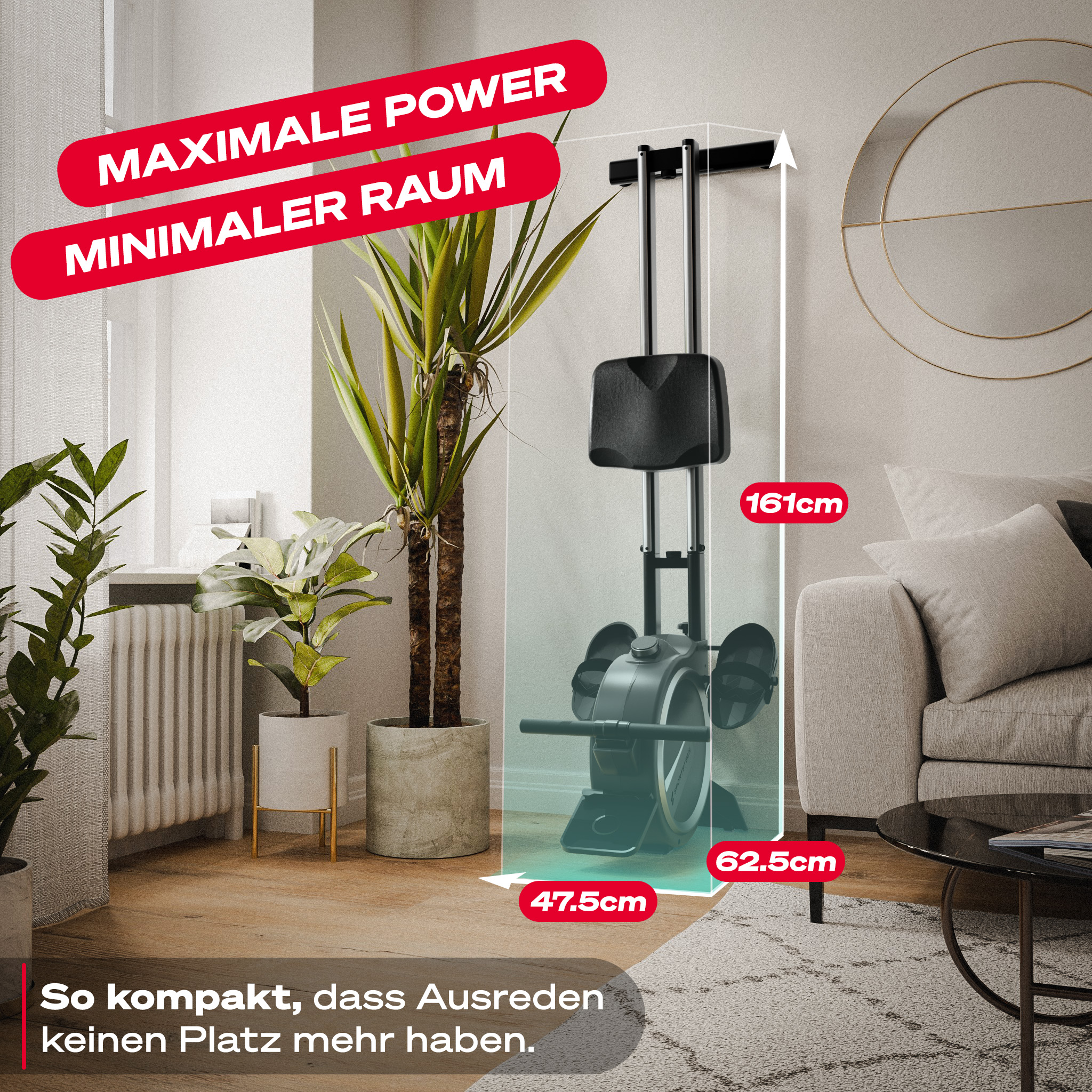 Rudergerät in einem Wohnzimmer. Abmessungen werden angezeigt. Pflanzen und ein Sofa sind im Hintergrund sichtbar.