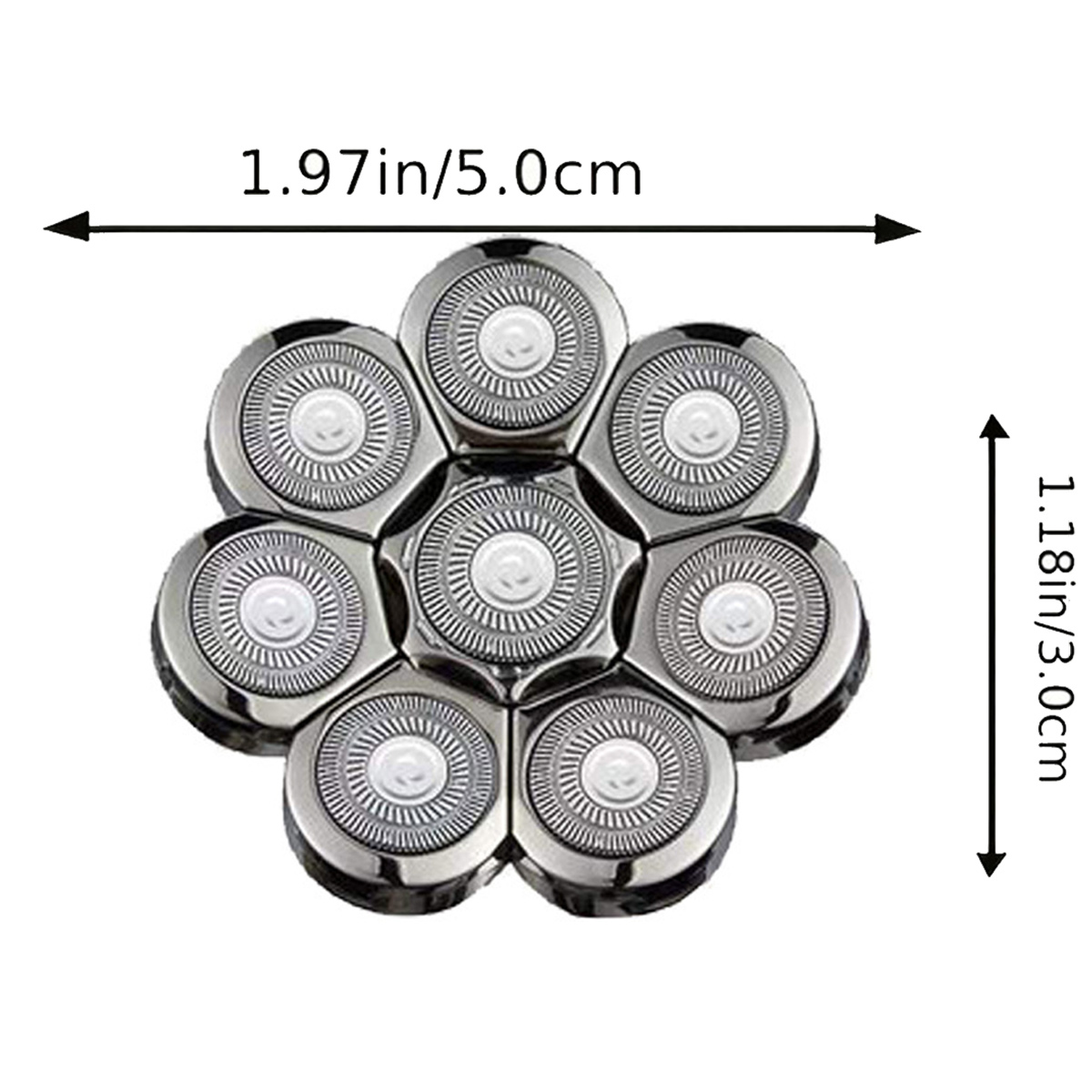 Nahaufnahme eines Rasiererkopfes mit sieben kreisförmigen Klingen. Abmessungen: 1,97 Zoll/5,0 cm breit und 1,18 Zoll/3,0 cm hoch. Silberne Farbe.