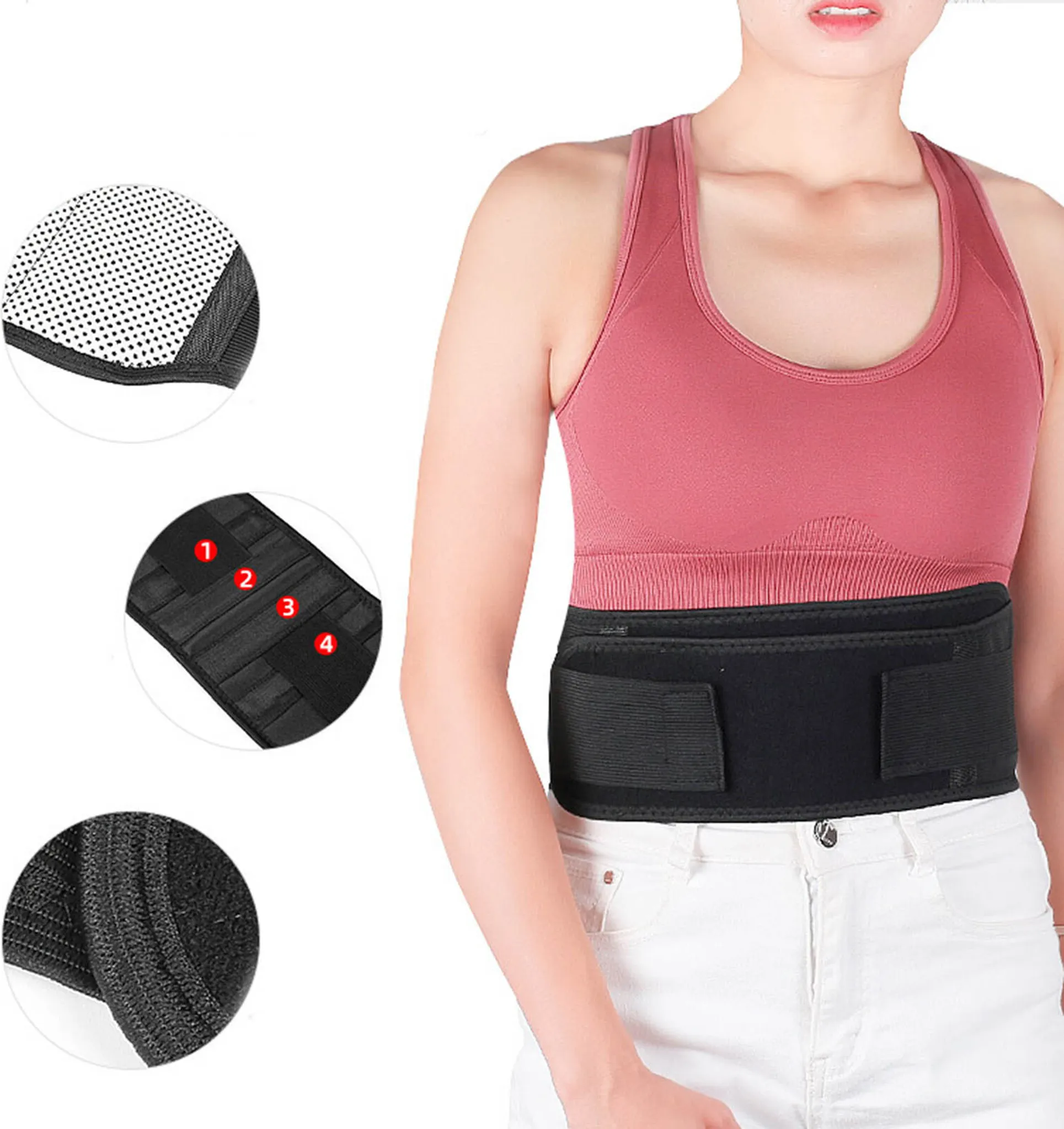 Eine Frau trägt einen pinkfarbenen Sport-BH und eine weiße Hose mit einem schwarzen Rückenstützgürtel. Nahaufnahmen der Gürtelsdetails sind ebenfalls gezeigt.