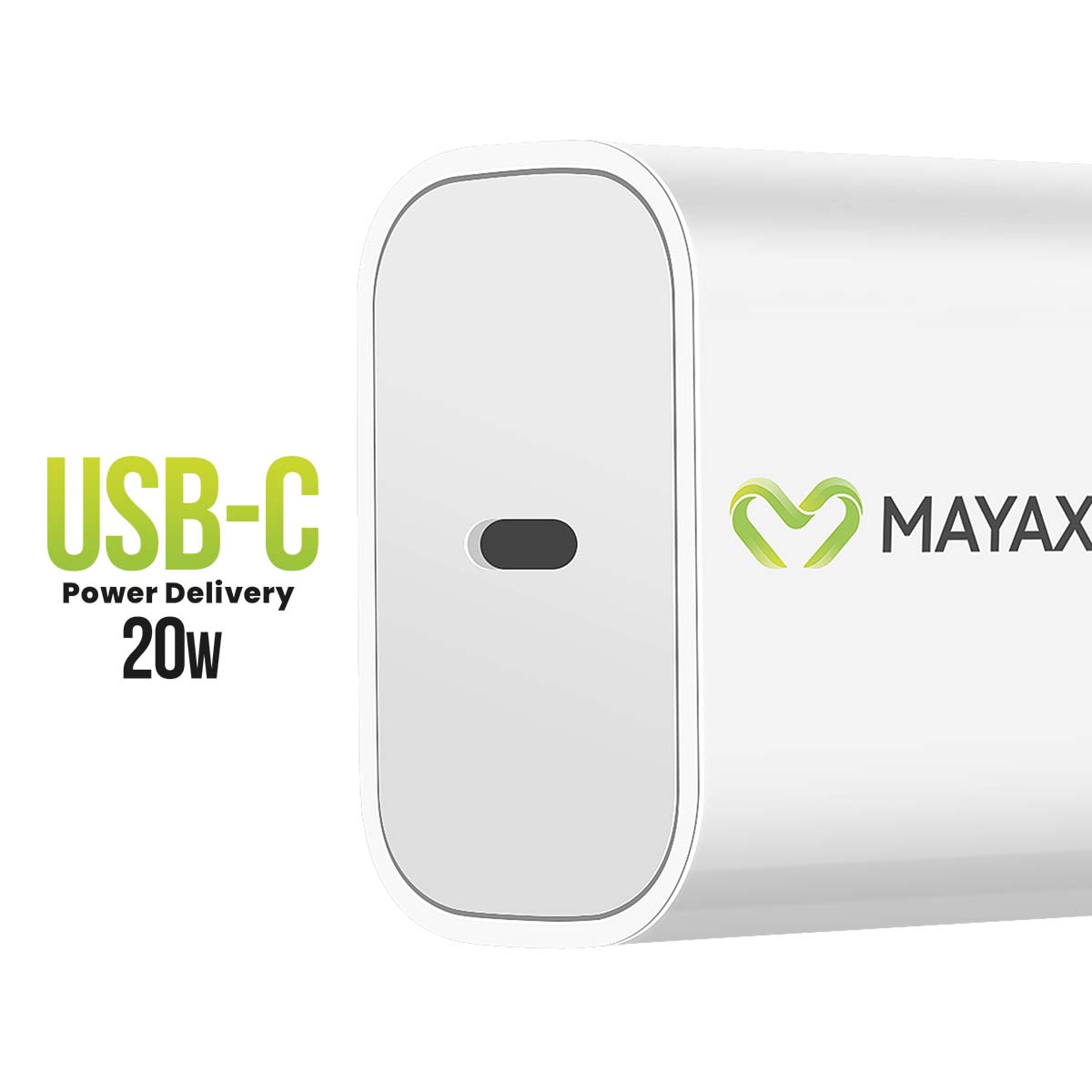 Adattatore di alimentazione USB-C bianco con erogazione di potenza da 20 W. Presenta il logo MAYAX e le specifiche USB-C in verde.