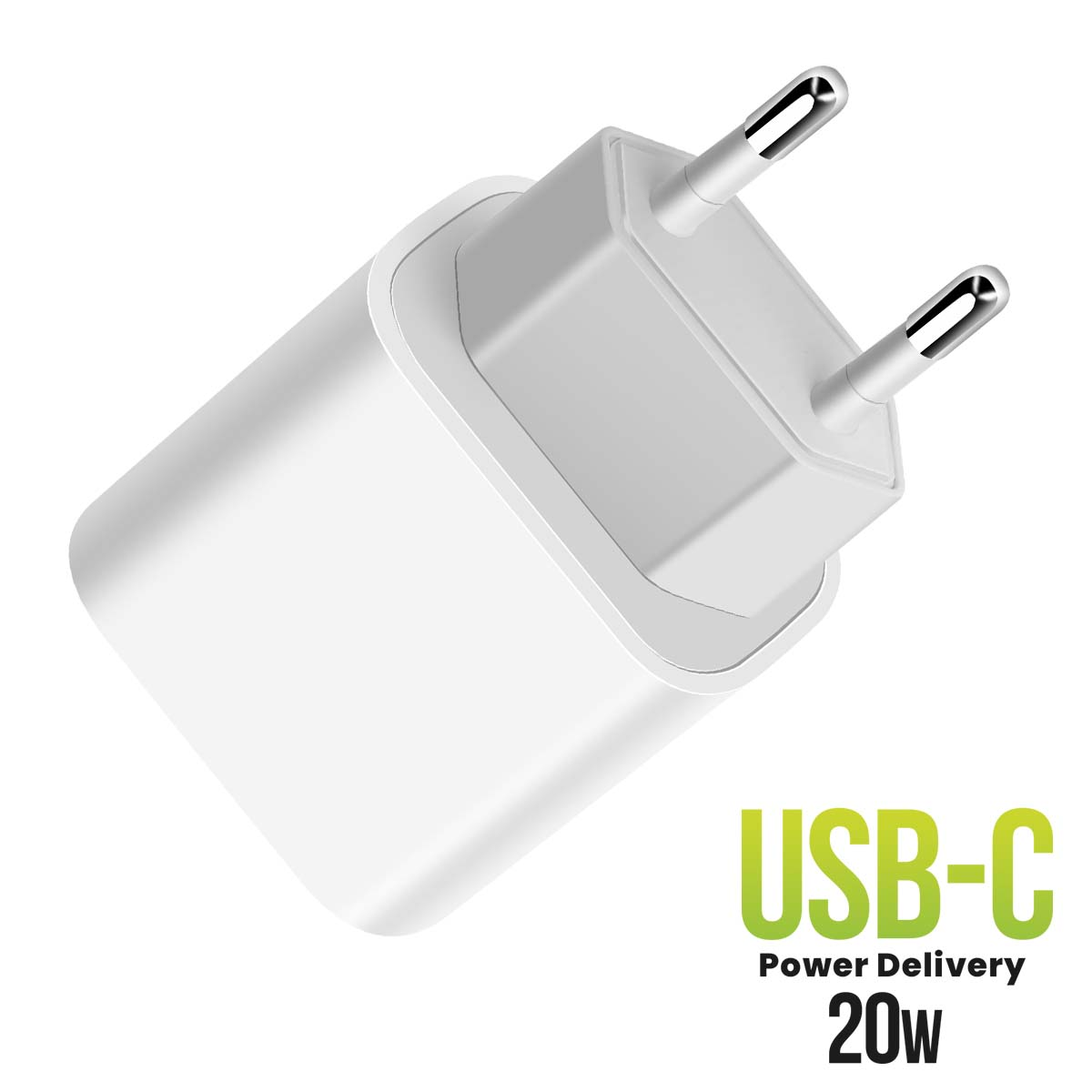 Adattatore di alimentazione USB-C bianco con due spine. Il testo recita: USB-C Power Delivery 20W.