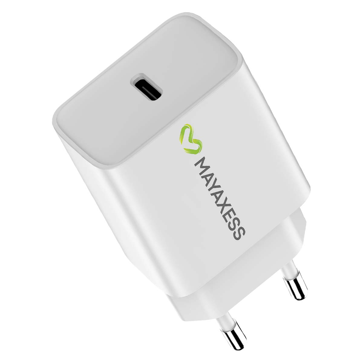 Caricabatterie MAYAXESS bianco con porta USB-C e spina a due poli. Il caricabatterie è angolato, mostrando il logo e la porta.
