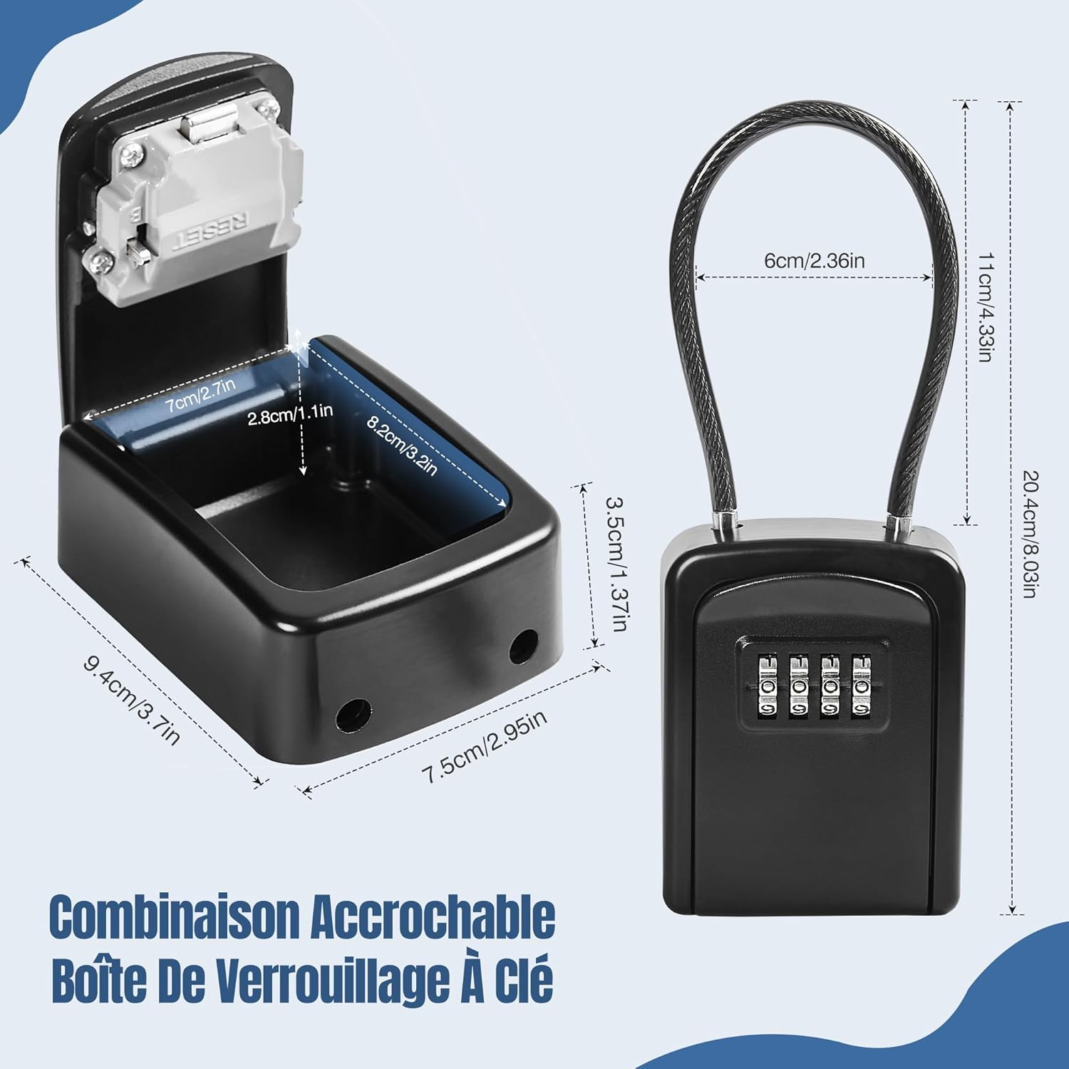 Schwarze Kombinations-Schlüsselbox mit angegebenen Abmessungen. Zeigt die Box, Kombinationsziffern und Kabel mit Maßen.