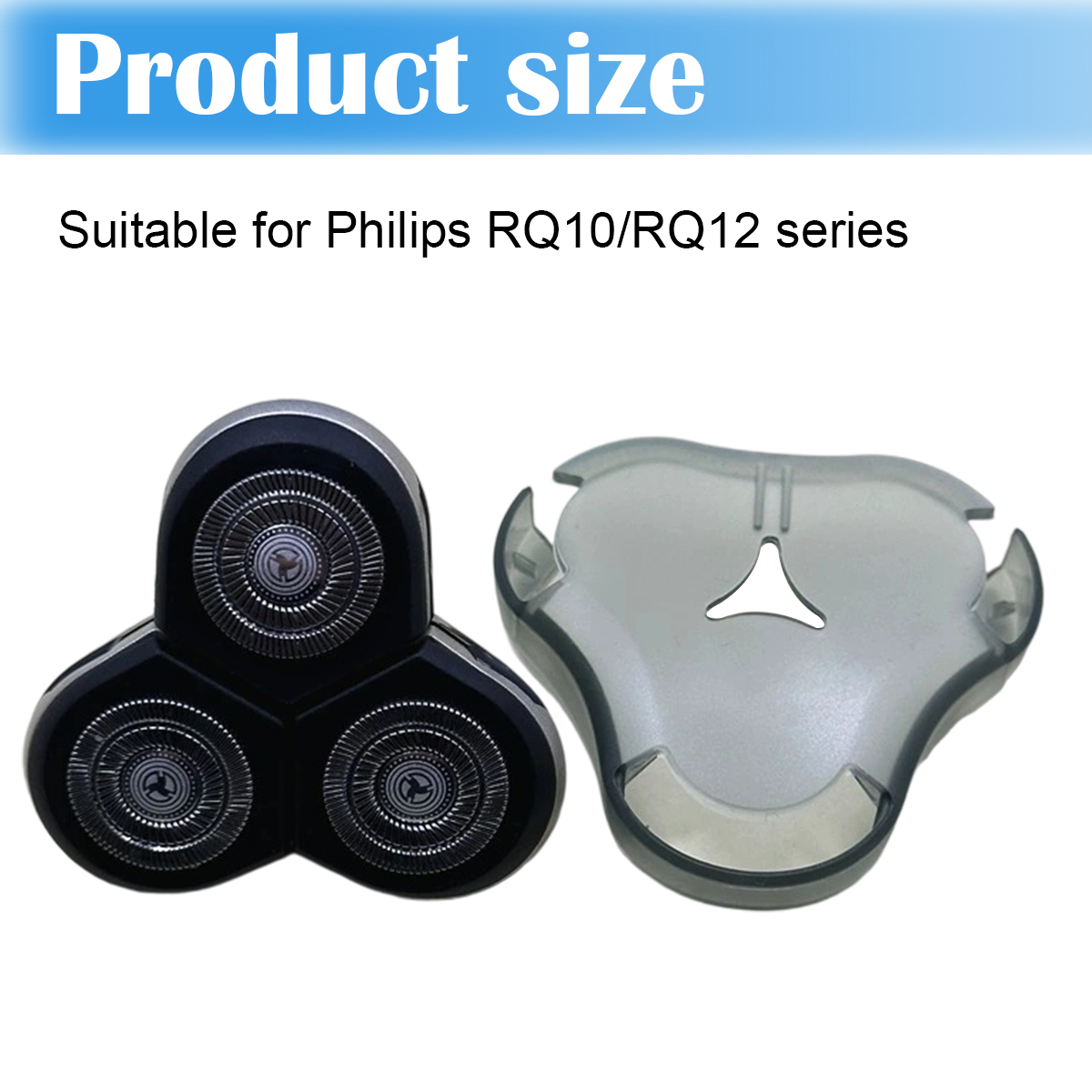 Schwarzer Philips Rasiererkopf mit drei kreisförmigen Klingen und einer transparenten Abdeckung. Der Text lautet "Produktgröße" und "Geeignet für Philips RQ10/RQ12".