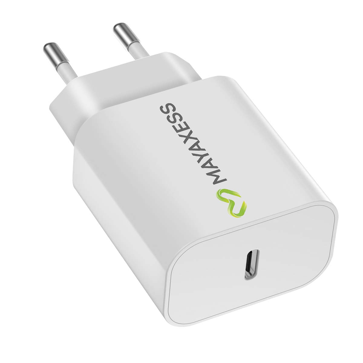 Un caricatore USB Mayaxess bianco con due spine e una porta USB-C. Il logo è verde.