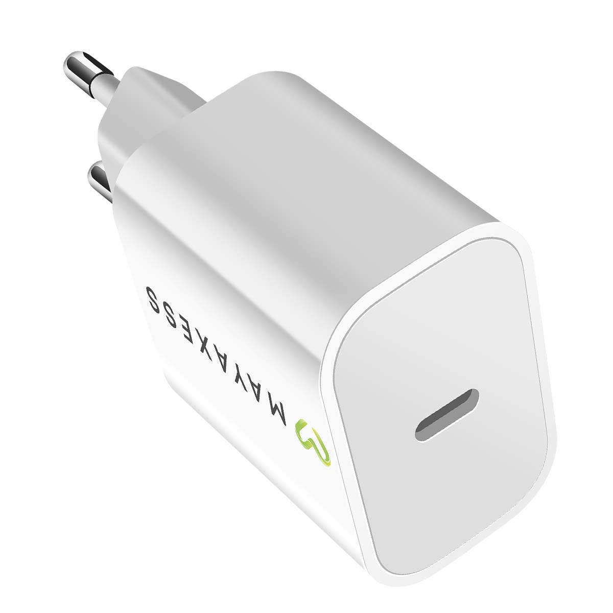 Un caricabatterie USB MAYAXESS bianco con porta USB-C grigia. Ha due pin argentati e un logo verde.