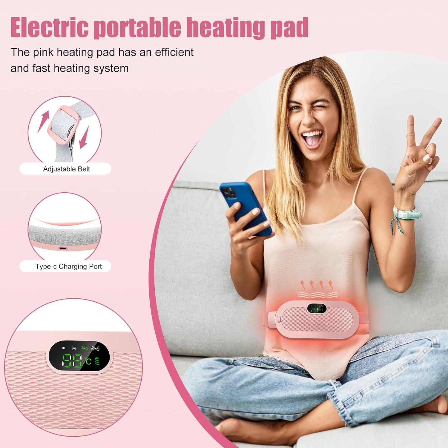 Eine Frau hält ein Telefon und trägt ein rosa Heizkissen auf dem Bauch. Sie lächelt und macht ein Friedenszeichen. Der Hintergrund hat Produktdetails.