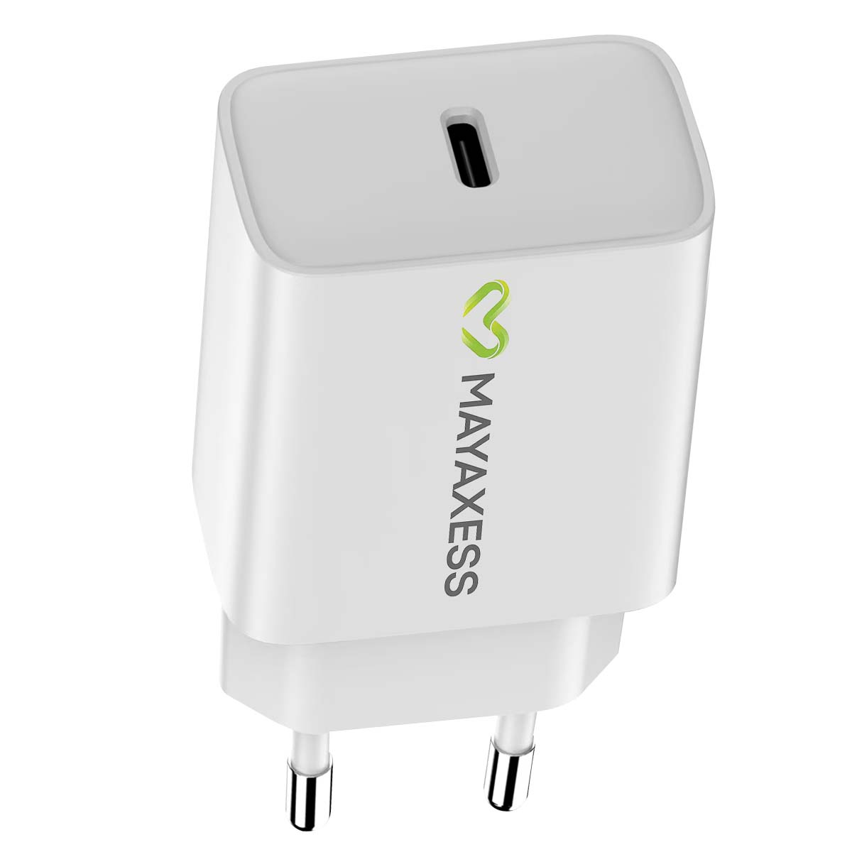 Un caricabatterie MAYAXESS bianco con una porta USB-C in alto e due spine in basso. Logo verde sul davanti. Isolato su bianco.