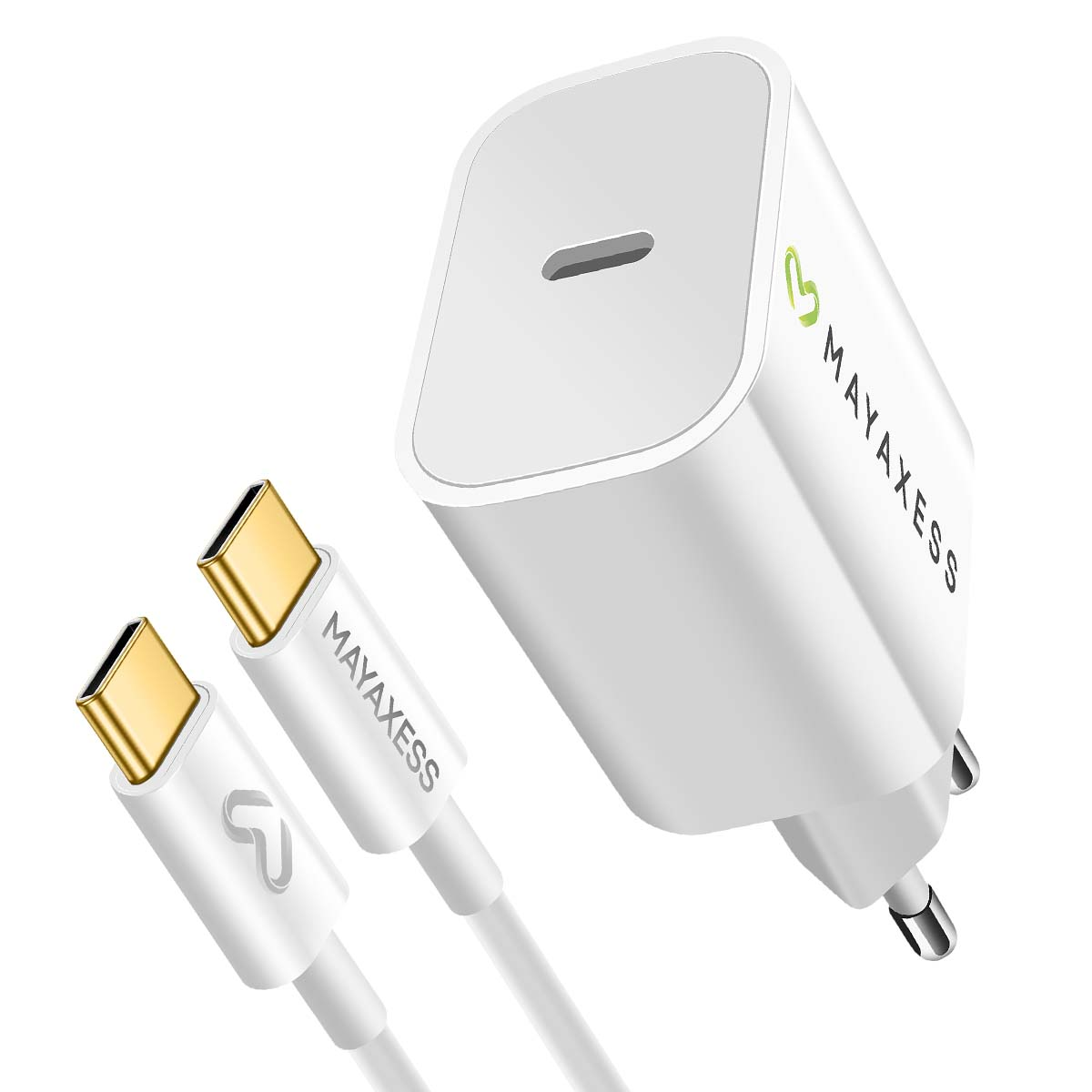 Caricabatterie Mayaxess bianco con due cavi USB-C bianchi. Il caricabatterie ha una fessura e il logo. I cavi hanno connettori dorati.