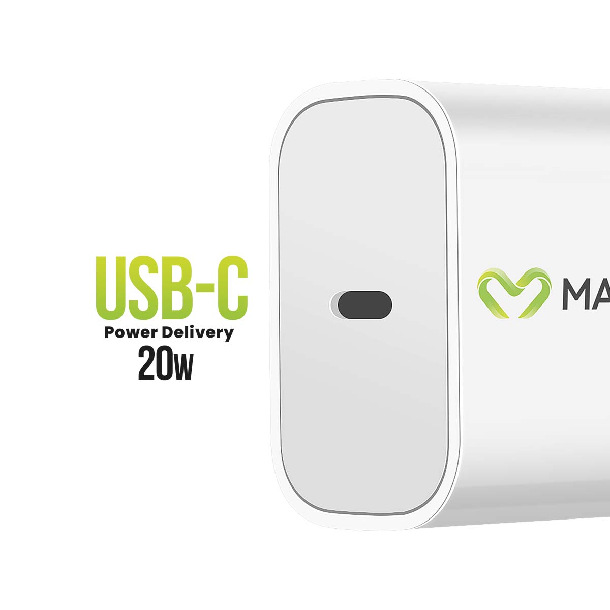 Caricatore USB-C bianco con testo verde 'USB-C Power Delivery 20W' e un logo a cuore verde.